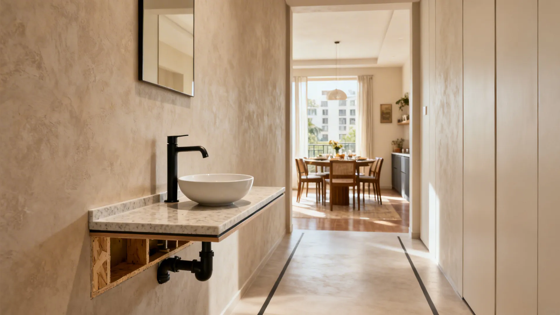Floating quartz vanity with compact basin and hidden plumbing near the dining room.