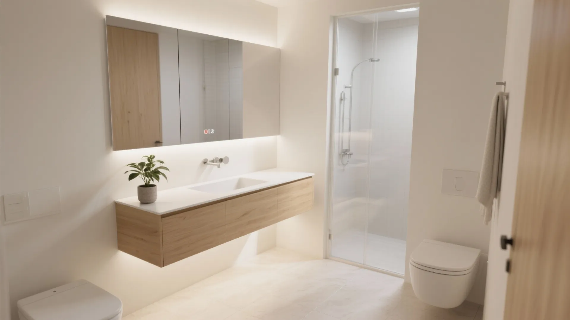 Small bathroom with floating wooden vanity and large mirror