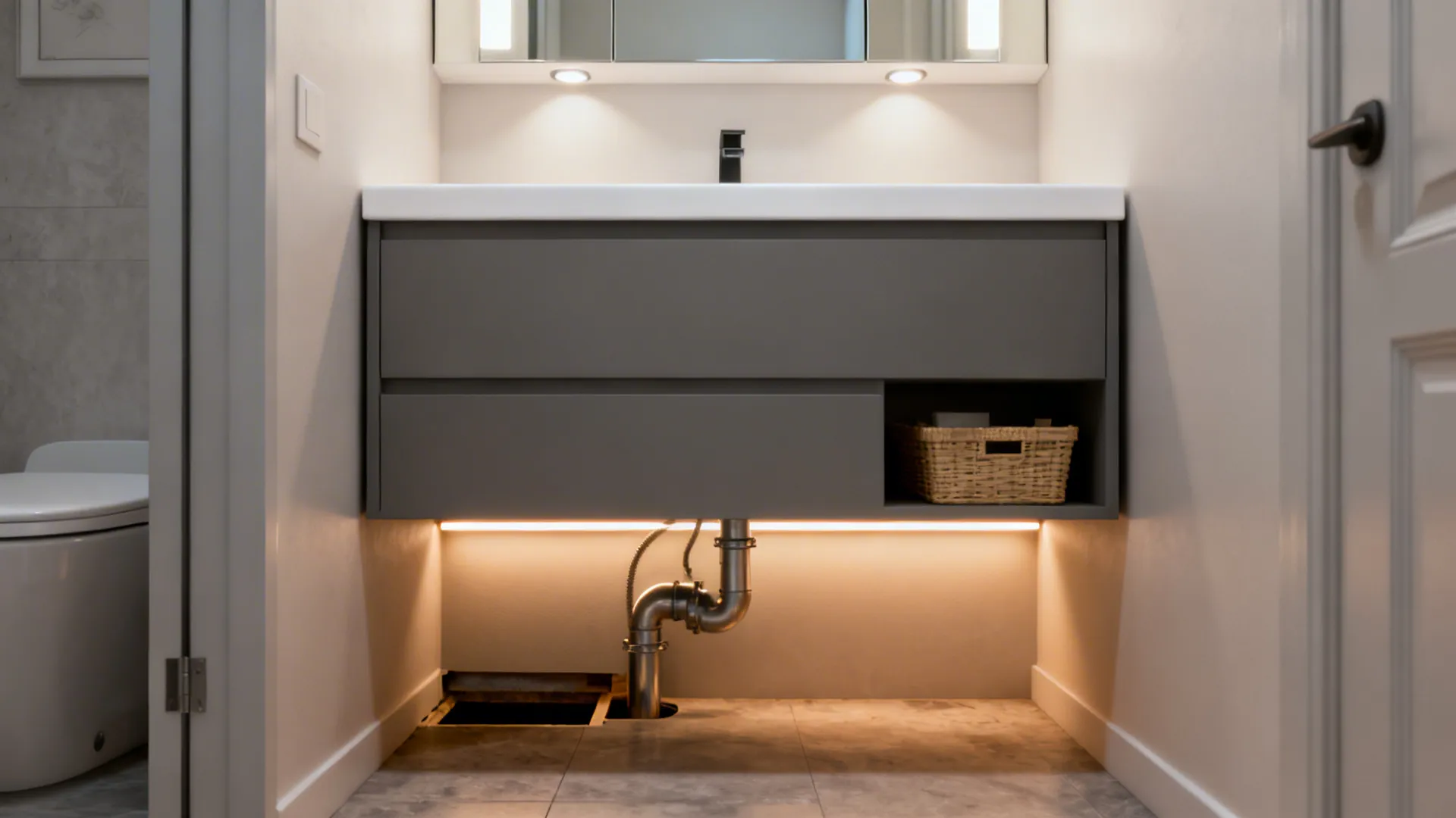 Floating matt grey vanity with white countertop and warm under-vanity lighting in a small bathroom.