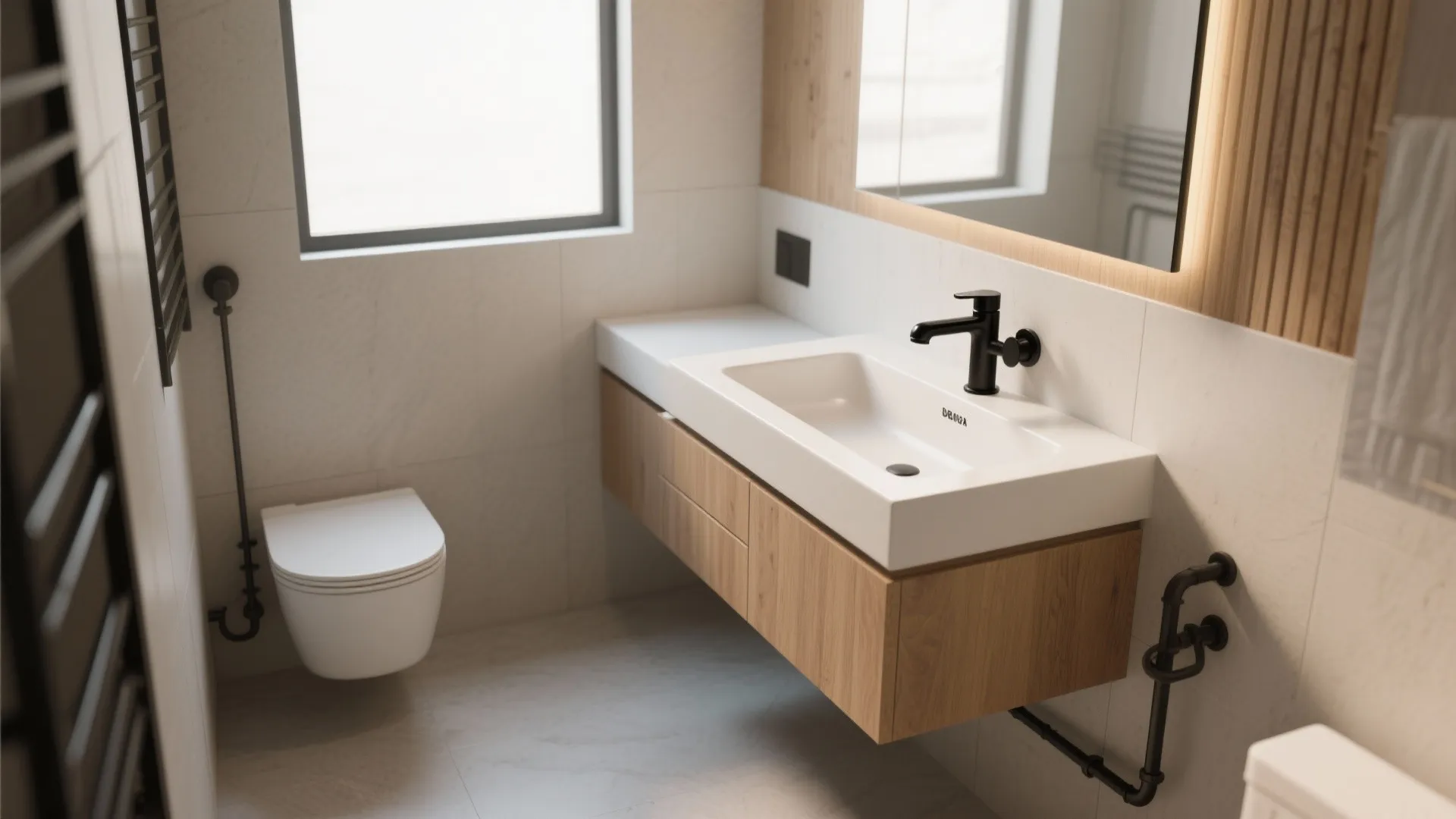 1. Matte black faucet on a floating vanity