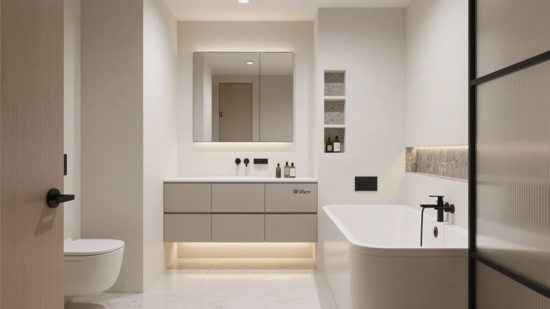 Floating vanity with tub-side niches in a compact bathroom showing more visible floor area.