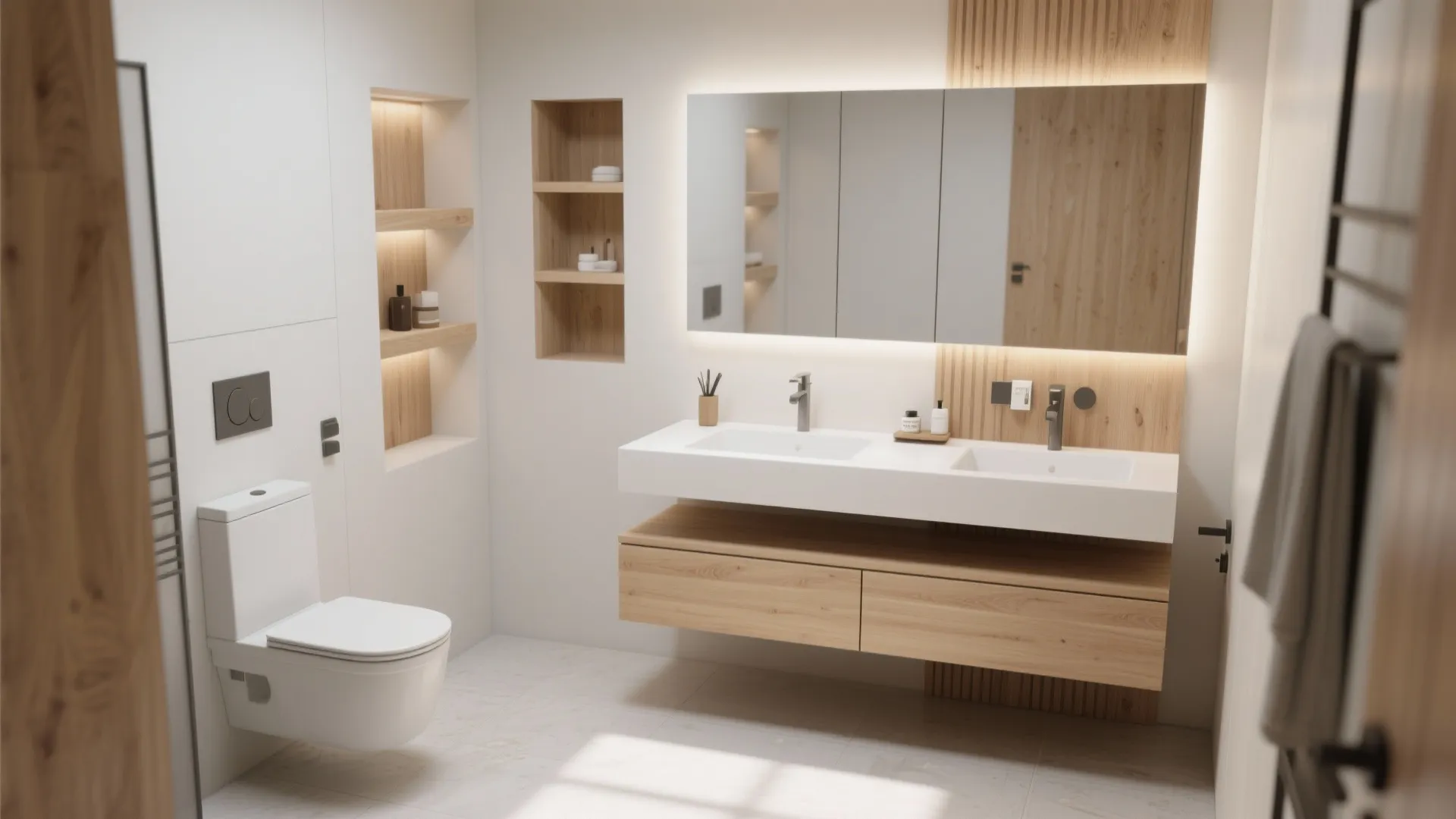 Bathroom with double sink and wooden cabinet including wall shelves and white wall mounted toilet