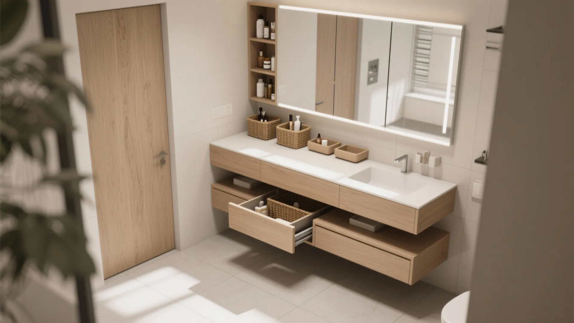 2. Floating Vanity and Clever Nooks