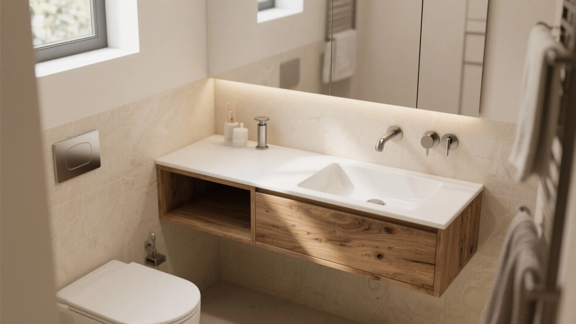 Modern bathroom with wooden wall cabinet, white sink, silver tap, toilet, and light beige tiles