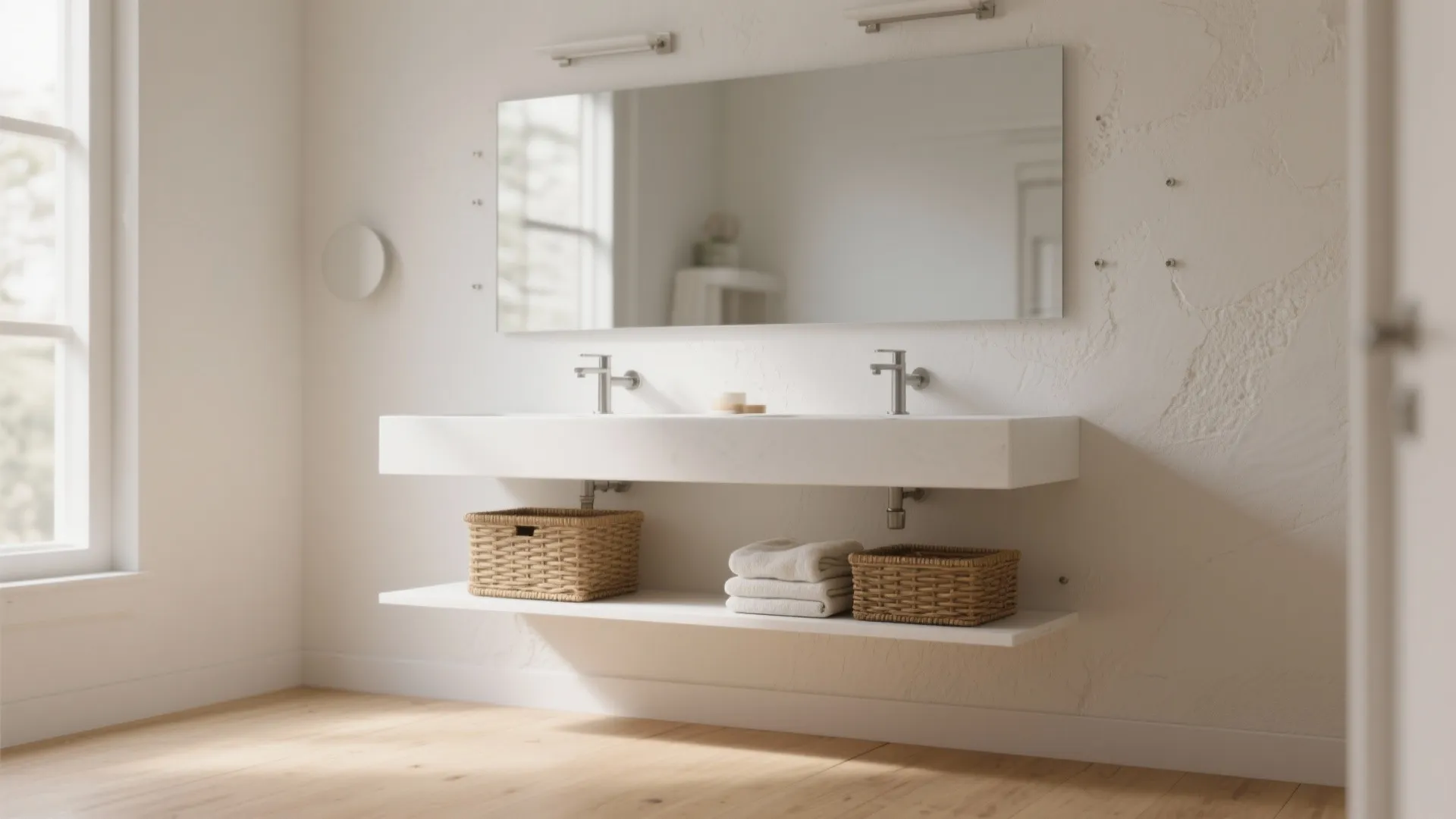 2. Floating 36" White Vanity with Open Shelf