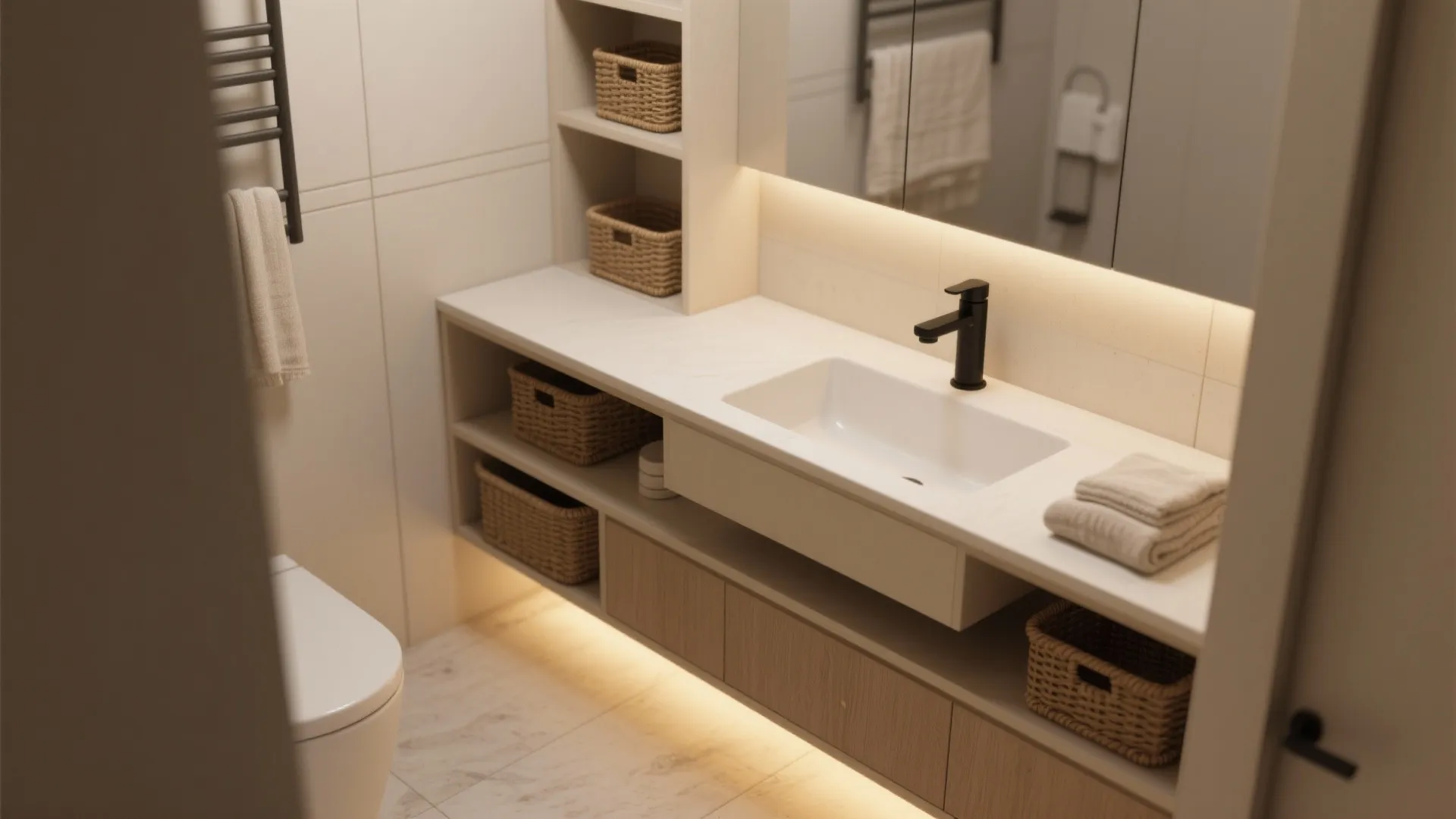 Bathroom interior design drawing featuring a white sink black faucet and wooden shelves with baskets
