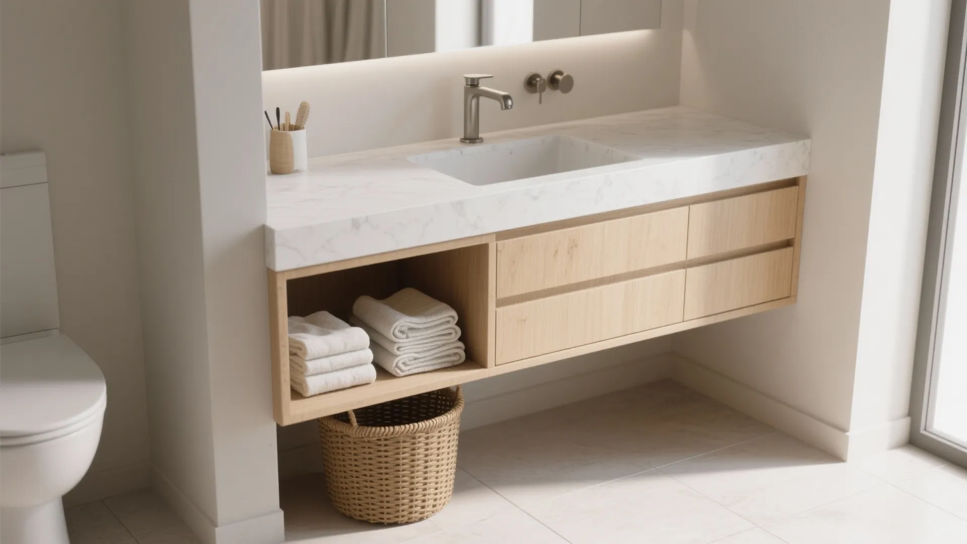 1. Floating Vanity with Open Shelves