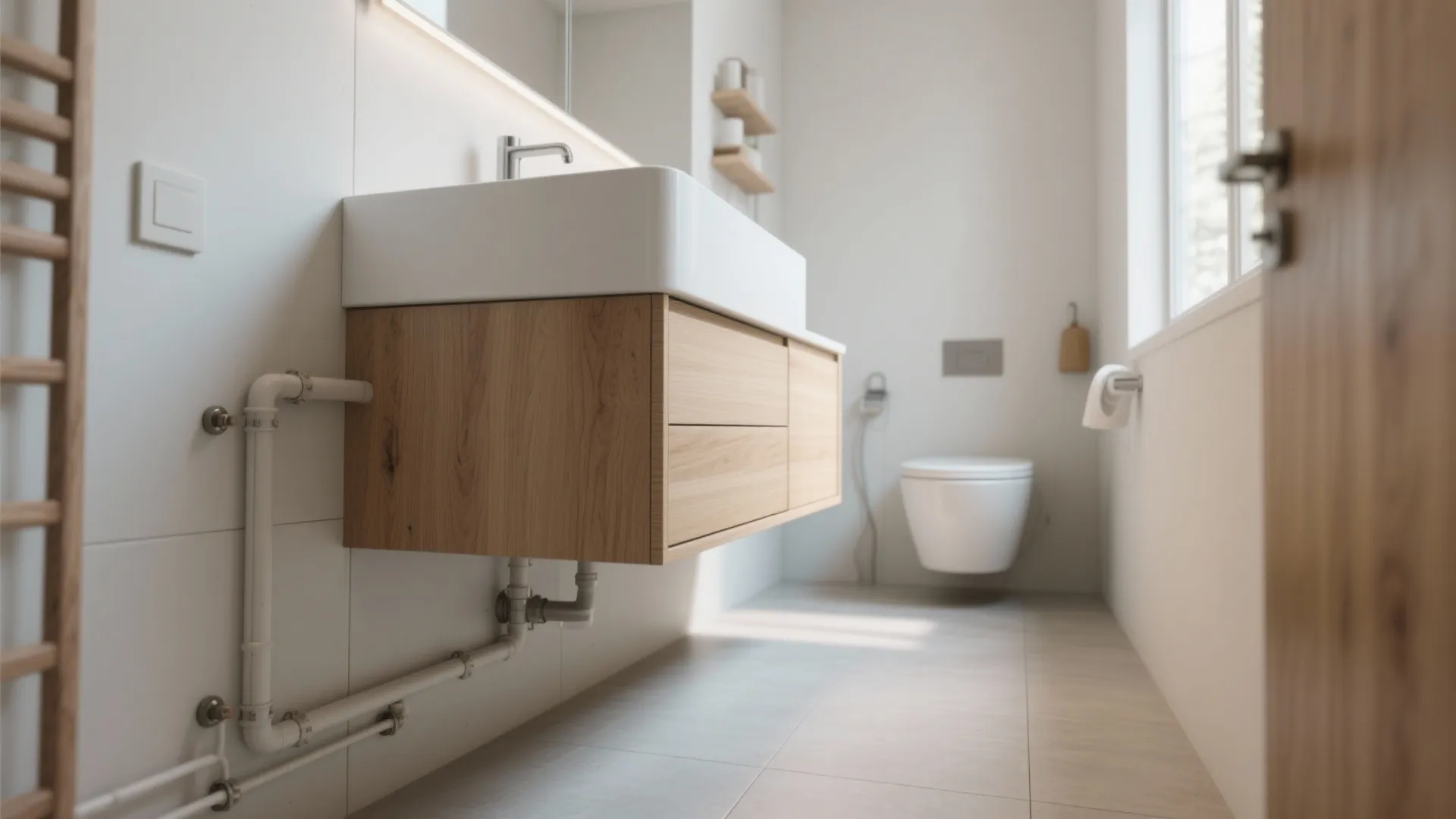 1. Floating white oak vanity to open floor space