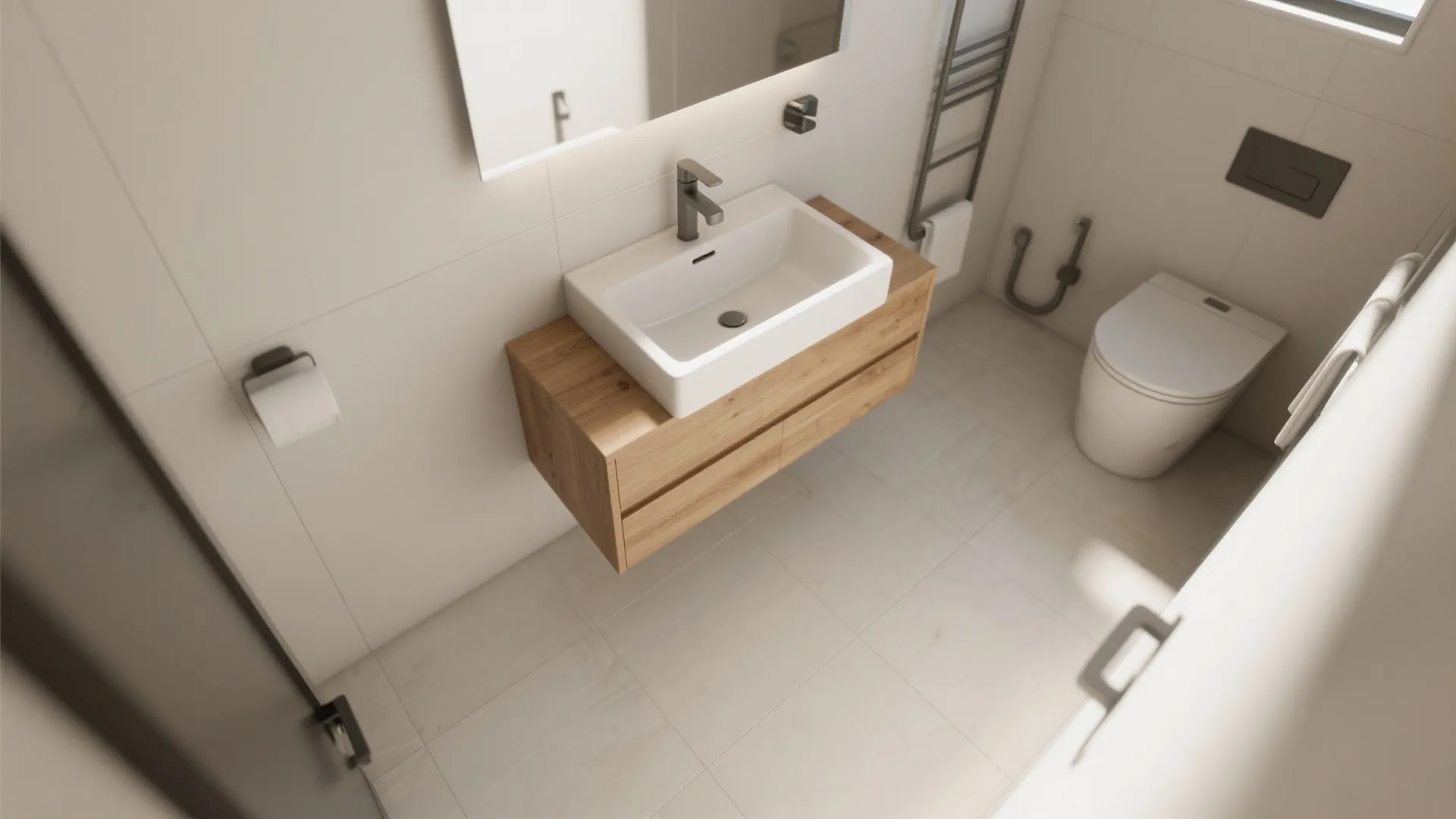 Top-down view of a small bathroom highlighting a floating wood vanity and visible floor space