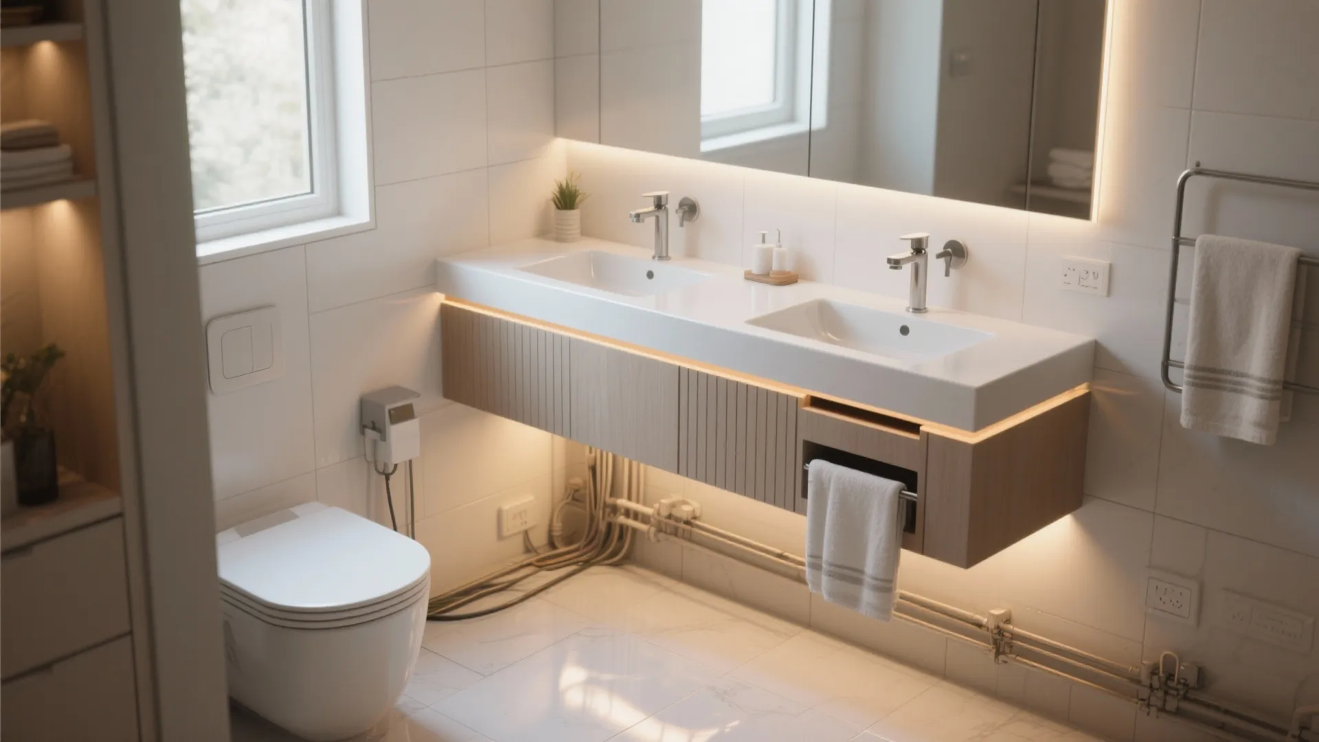 Floating Vanity With POP Skirt and Hidden Towel Slot