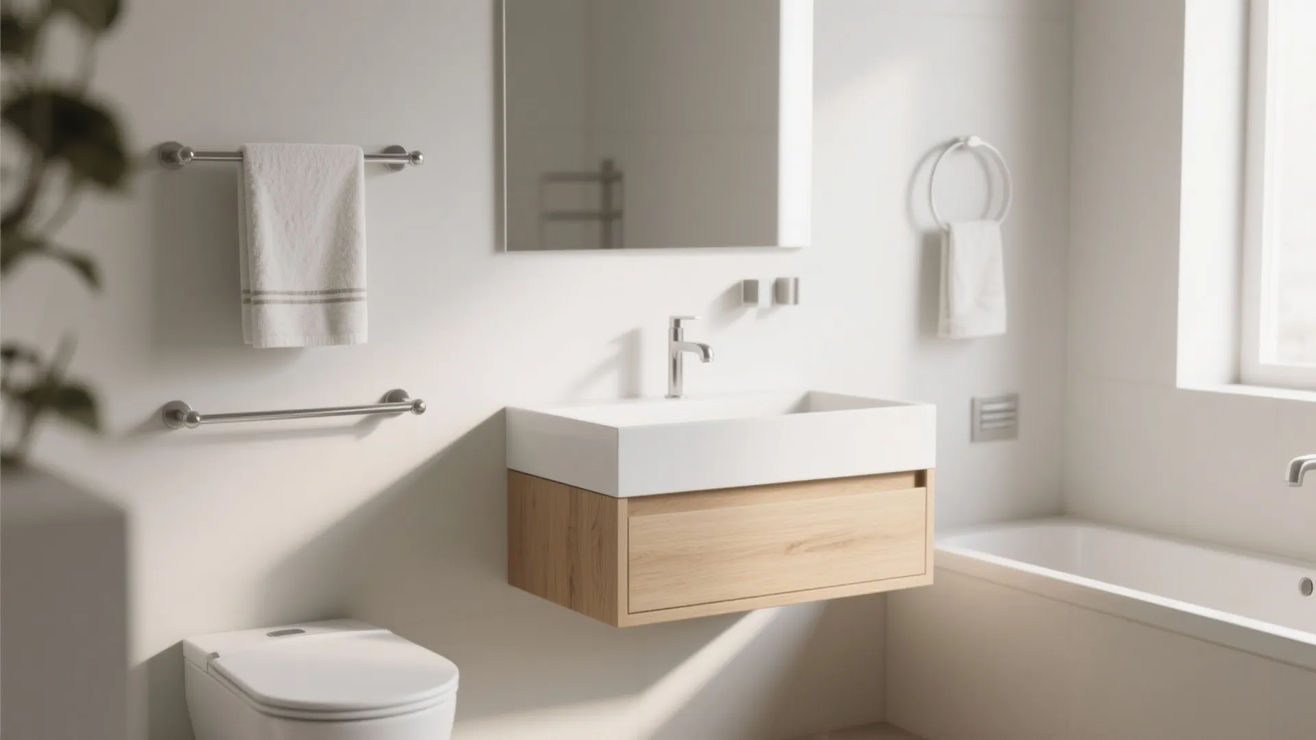 Modern bathroom featuring a floating wooden cabinet with white sink mirror toilet and a white bathtub