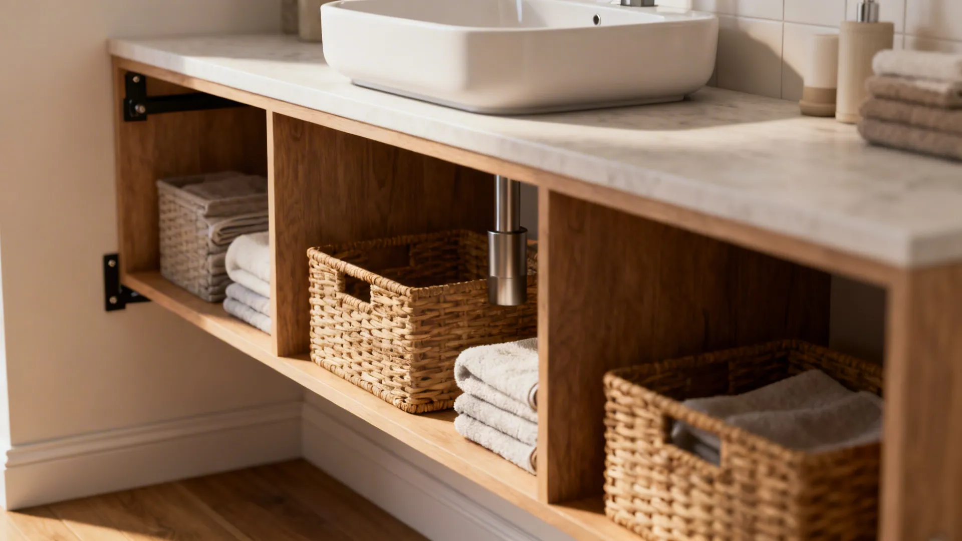 Floating vanity with open shelves holding baskets and towels in a small bathroom.