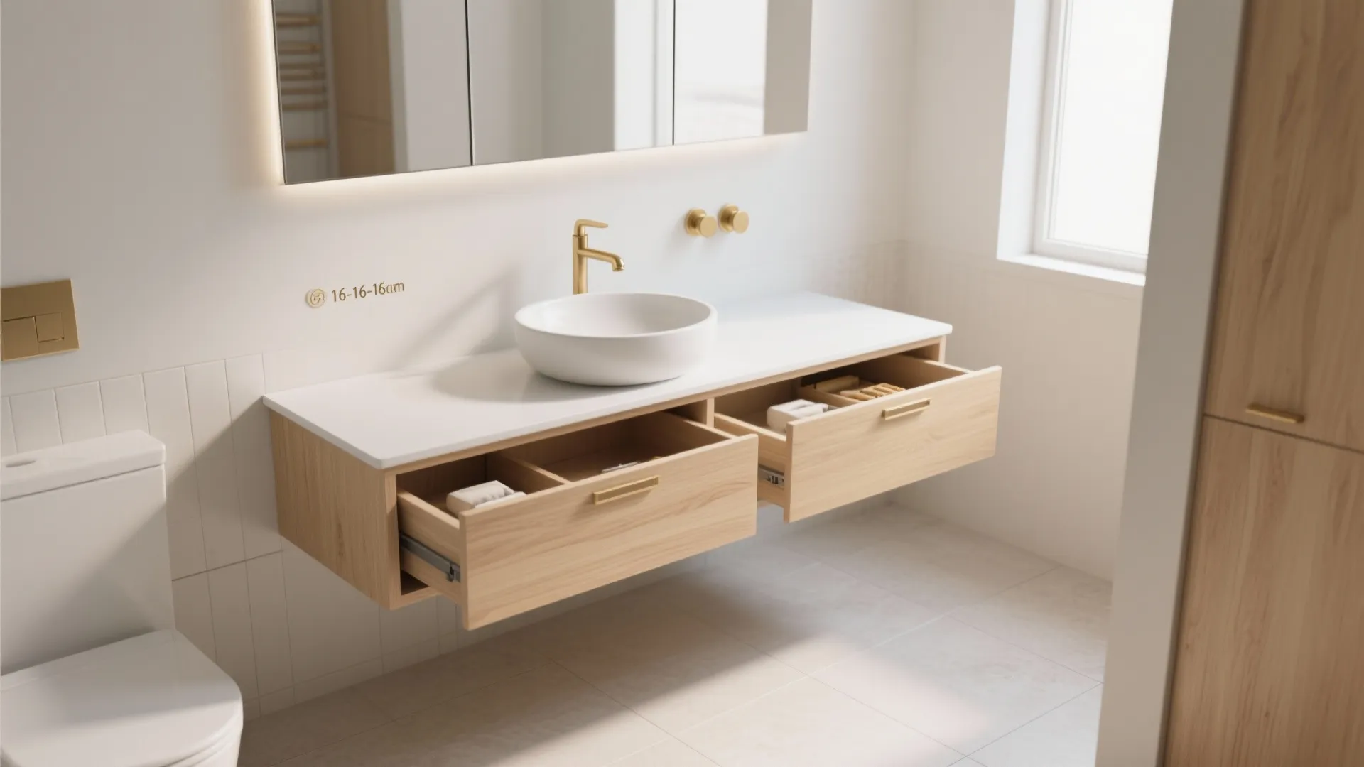Floating slim-depth vanity with two drawers and clear floor space beneath.