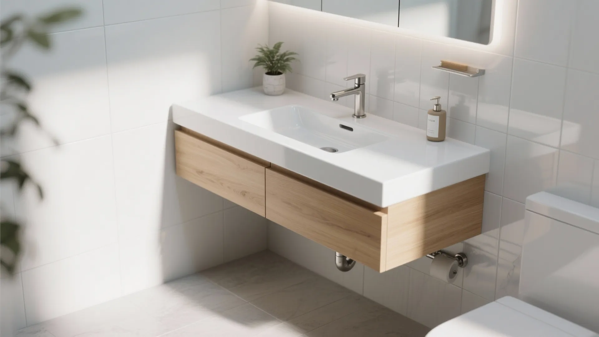 Wall-mounted vanity with slim-edge basin