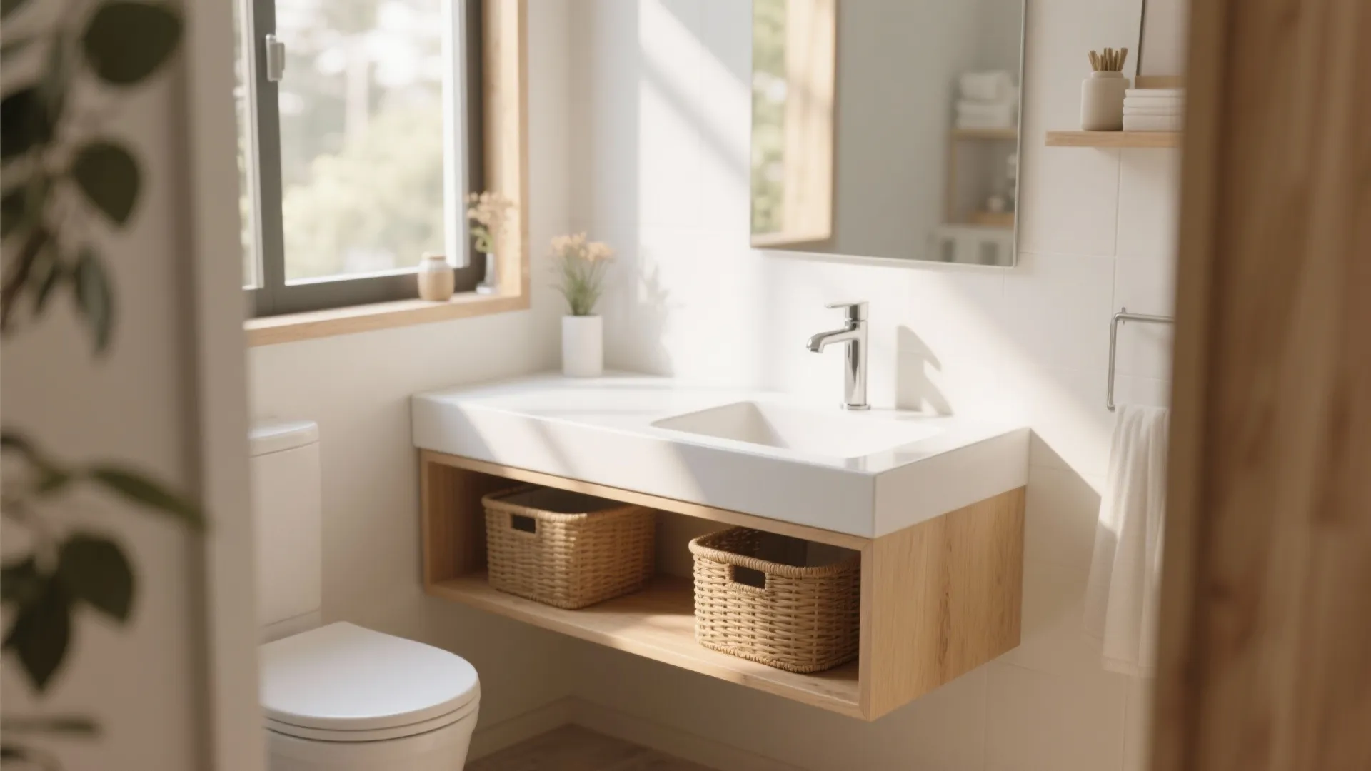 Modern bathroom interior with white sink floating wood cabinet storage baskets toilet and window light