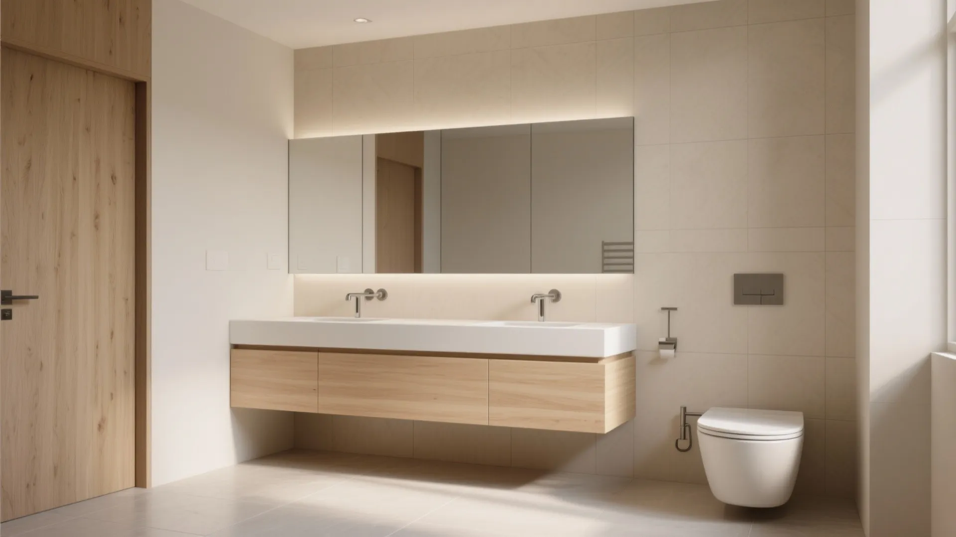 Modern bathroom with a wooden floating cabinet, double sinks, large mirror, and a white toilet