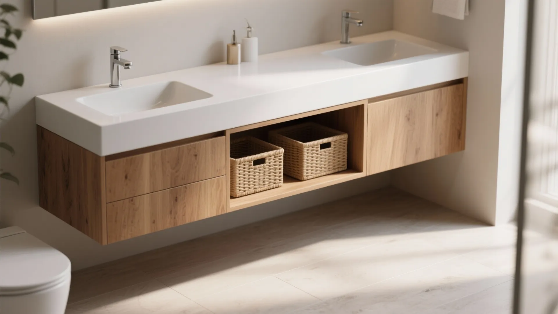 Modern floating wood bathroom cabinet with white double sinks and two small brown storage baskets