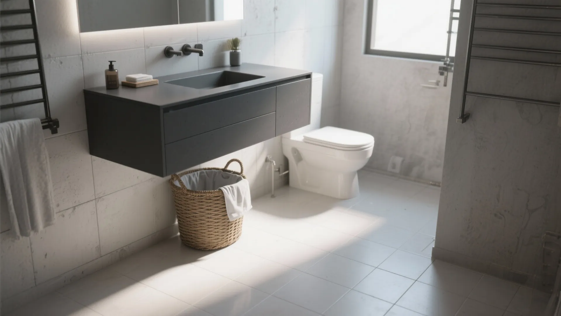 Modern bathroom with grey wall cabinet white toilet laundry basket towel rack and natural light