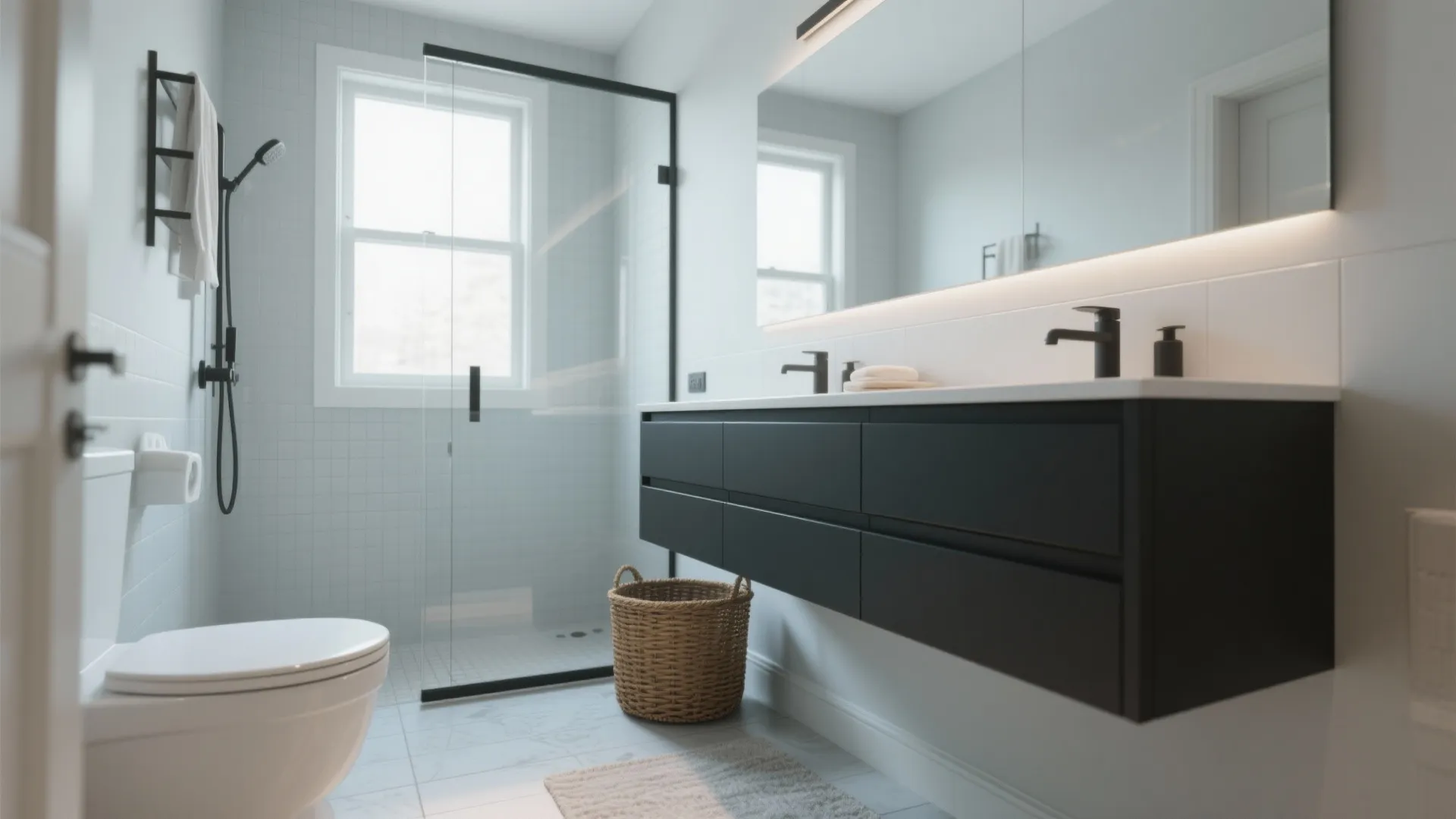 2. Floating 48" black vanity to free floor space