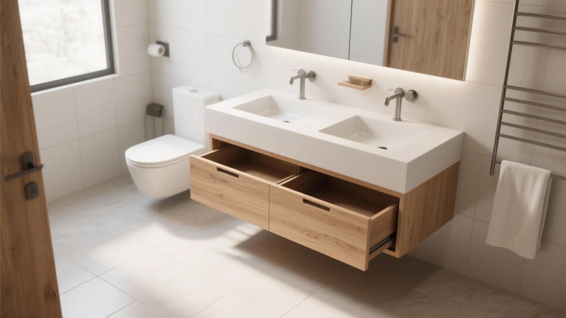 1. Floating Vanity with Hidden Storage