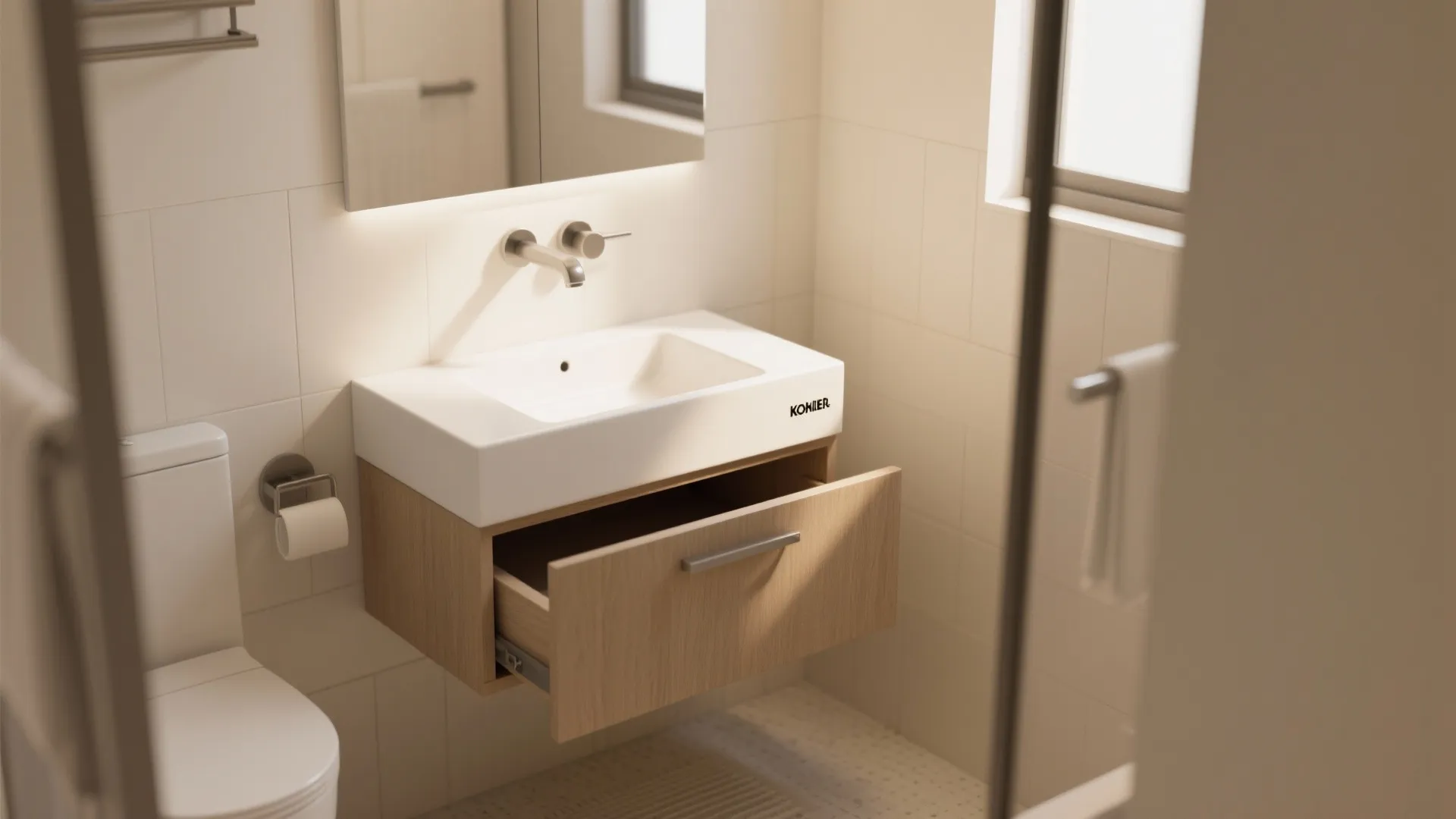 Floating vanity with hidden storage in a bright small bathroom