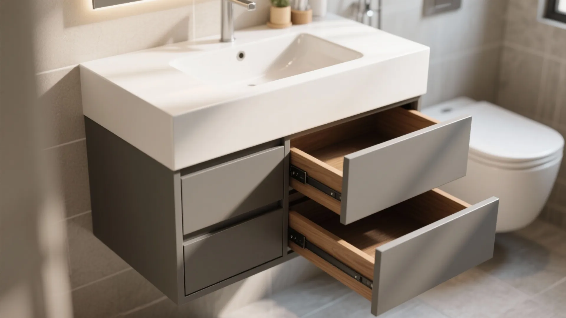 Floating vanity with built-in hidden storage compartments