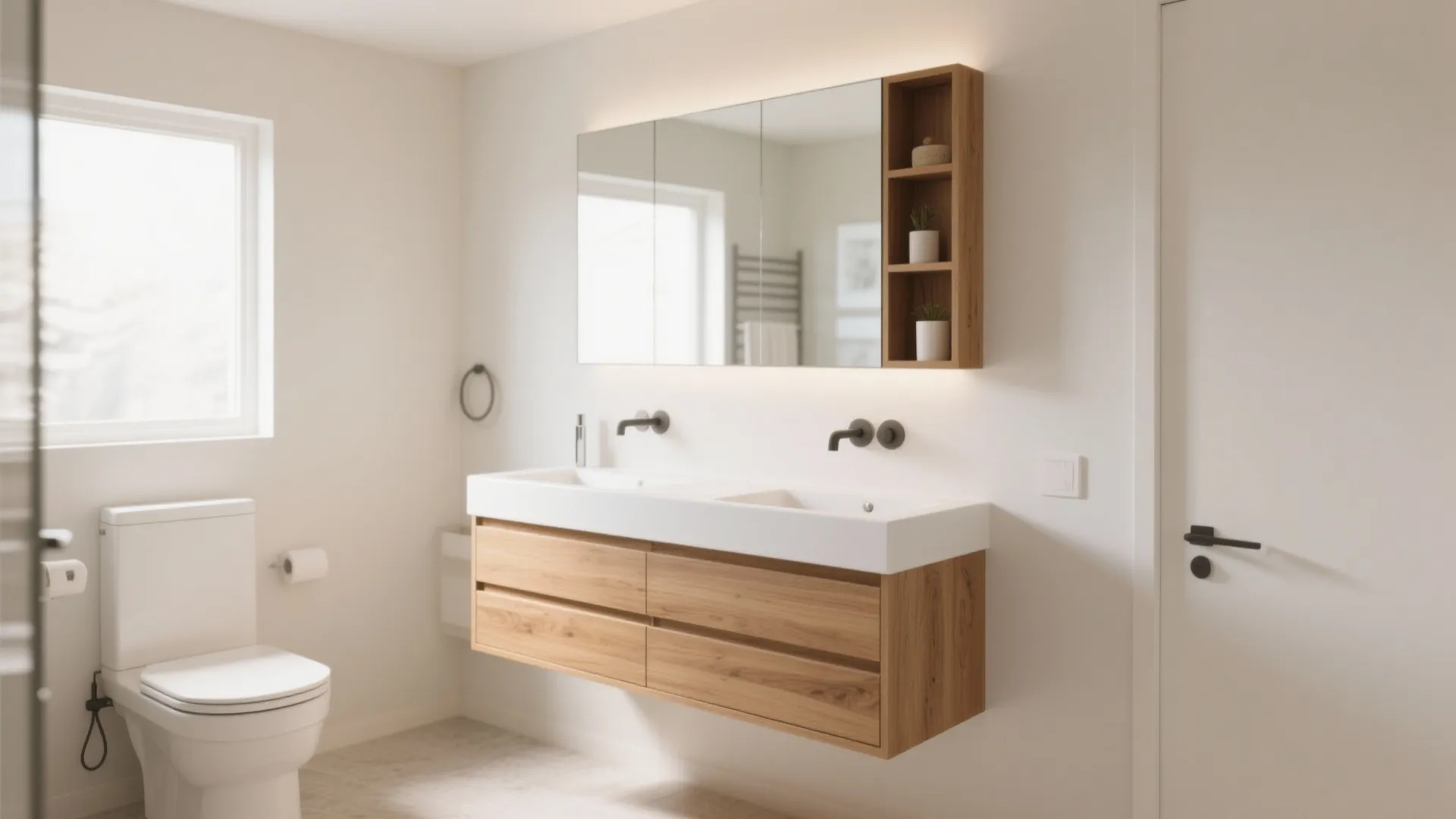 Modern bathroom featuring a wooden floating cabinet with double sinks, mirror cabinet, and white toilet