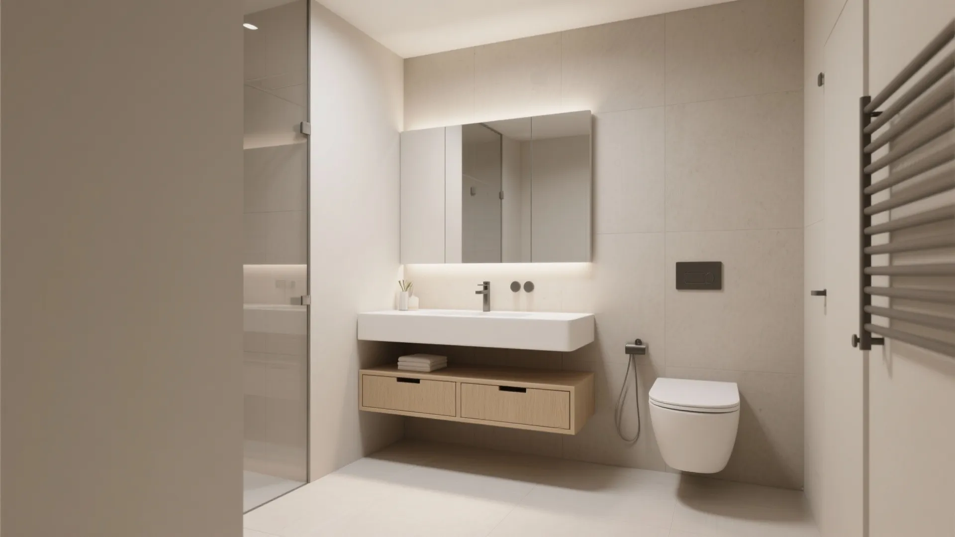 Modern bathroom interior with a white floating sink, wooden cabinet, large mirror, and white toilet