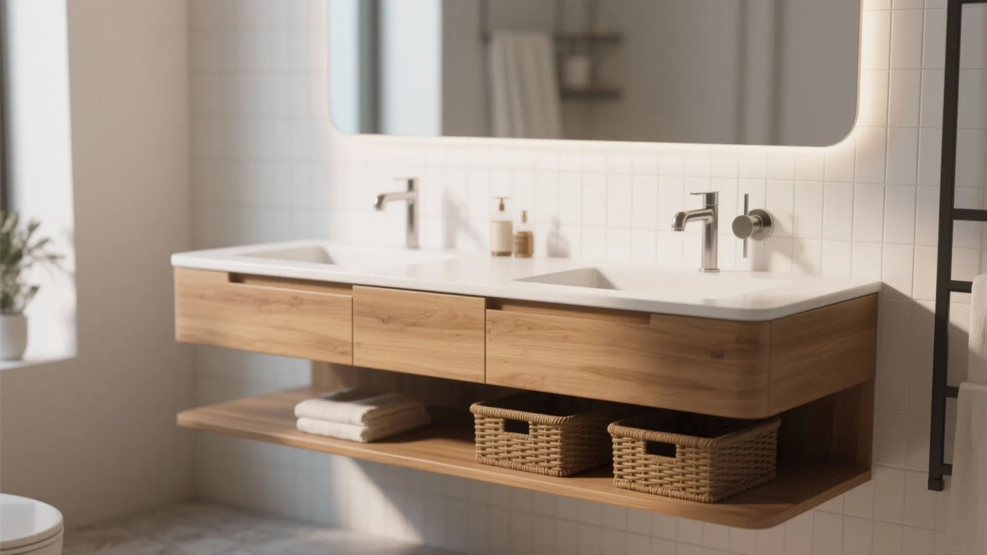Floating wood bathroom sink cabinet with two faucets large mirror white wall tiles and baskets
