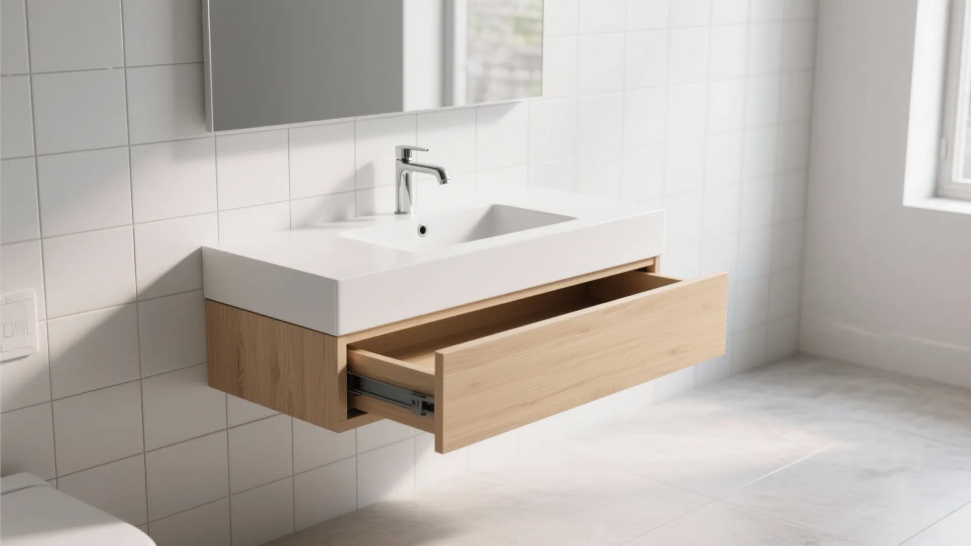 Modern wood bathroom cabinet with an open drawer and white sink against white tiled walls