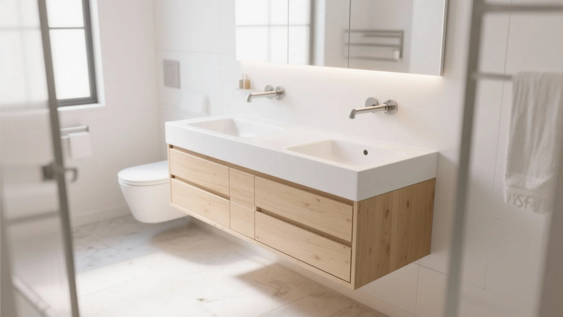 Minimalist wooden cabinet with double sinks and wall mounted faucets in a bright modern bathroom