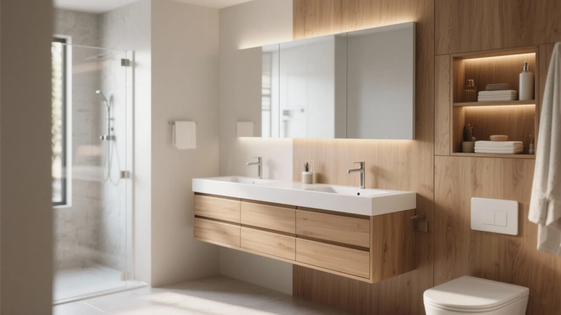 Wooden floating sink cabinet with light mirror and built in wall shelves for towel storage space