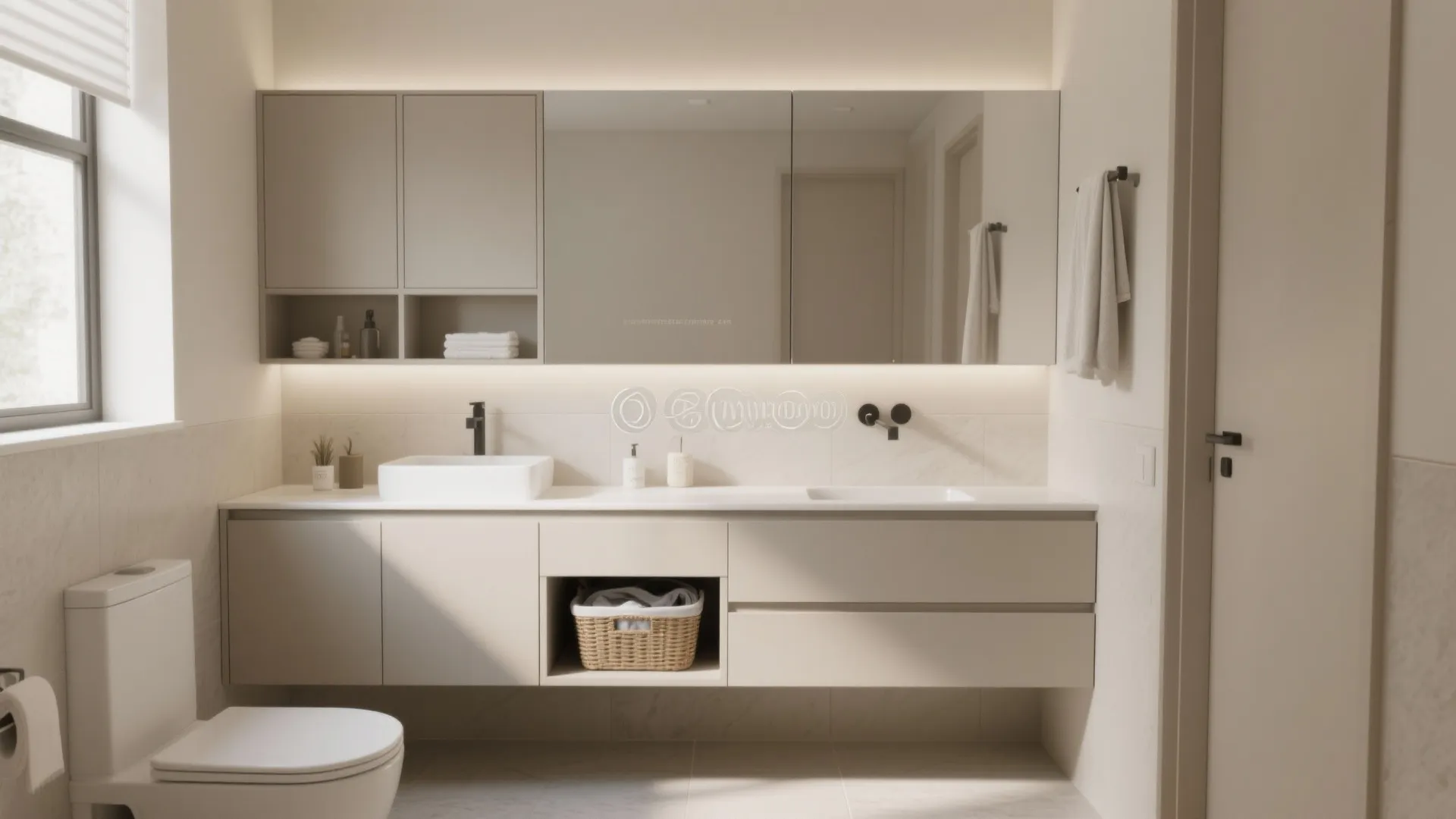 Floating vanity in small bathroom with wall storage above