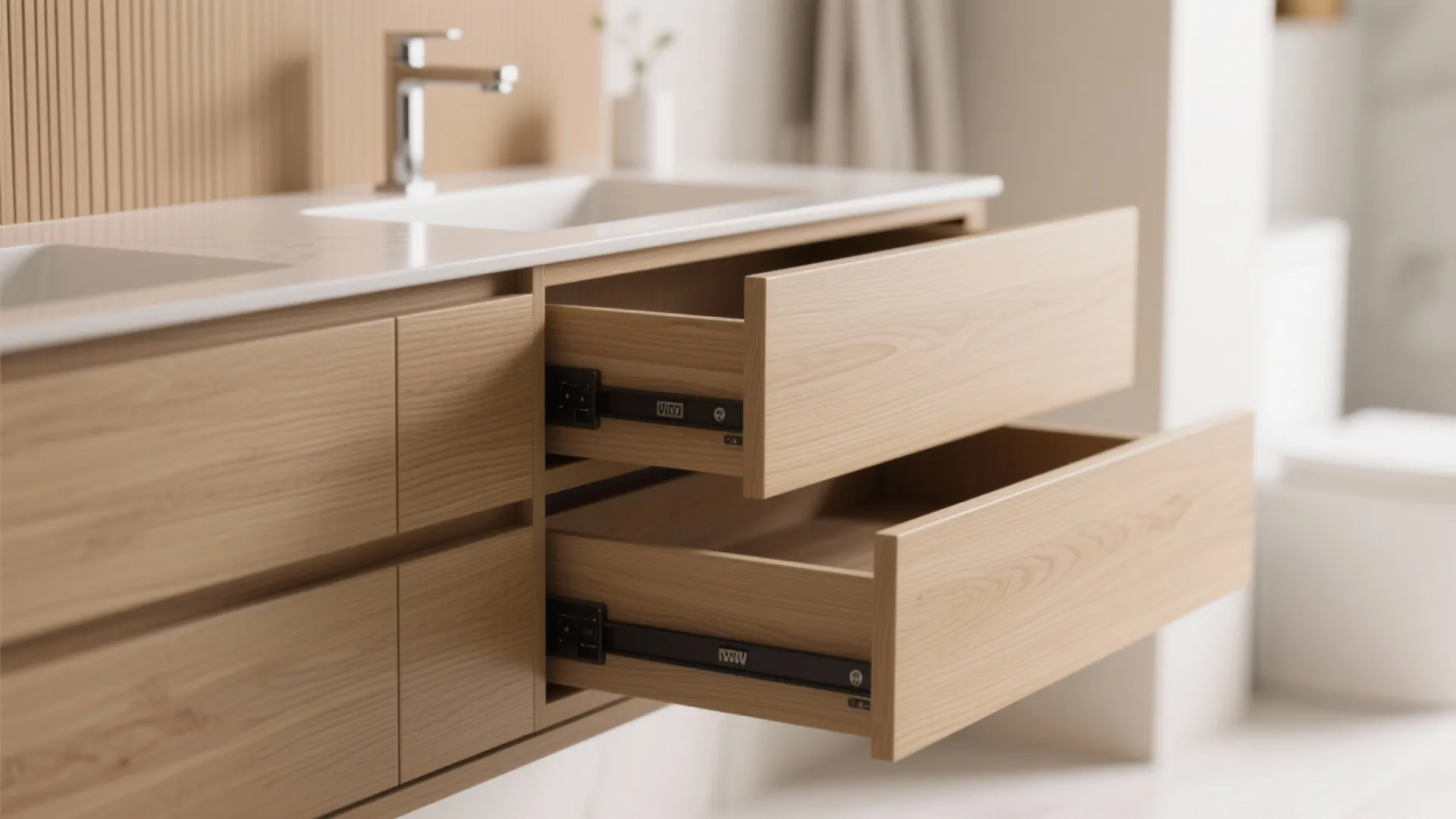 Close up view of open wooden cabinet drawers showing storage space inside a modern bathroom
