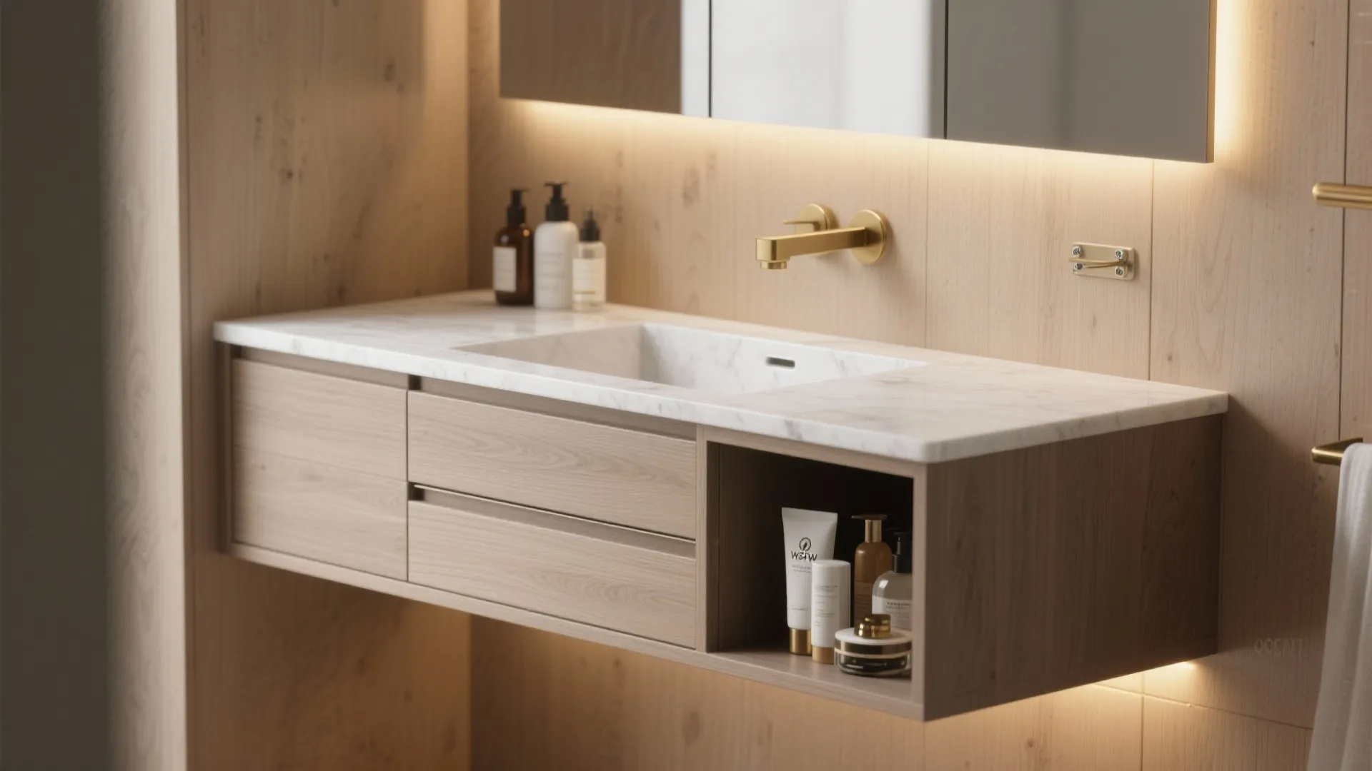 2. Floating vanity with integrated storage