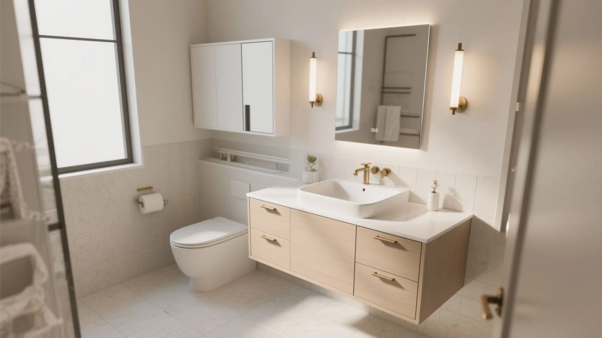 Bright bathroom featuring wooden floating cabinet white sink wall lights mirror and white wall cabinet