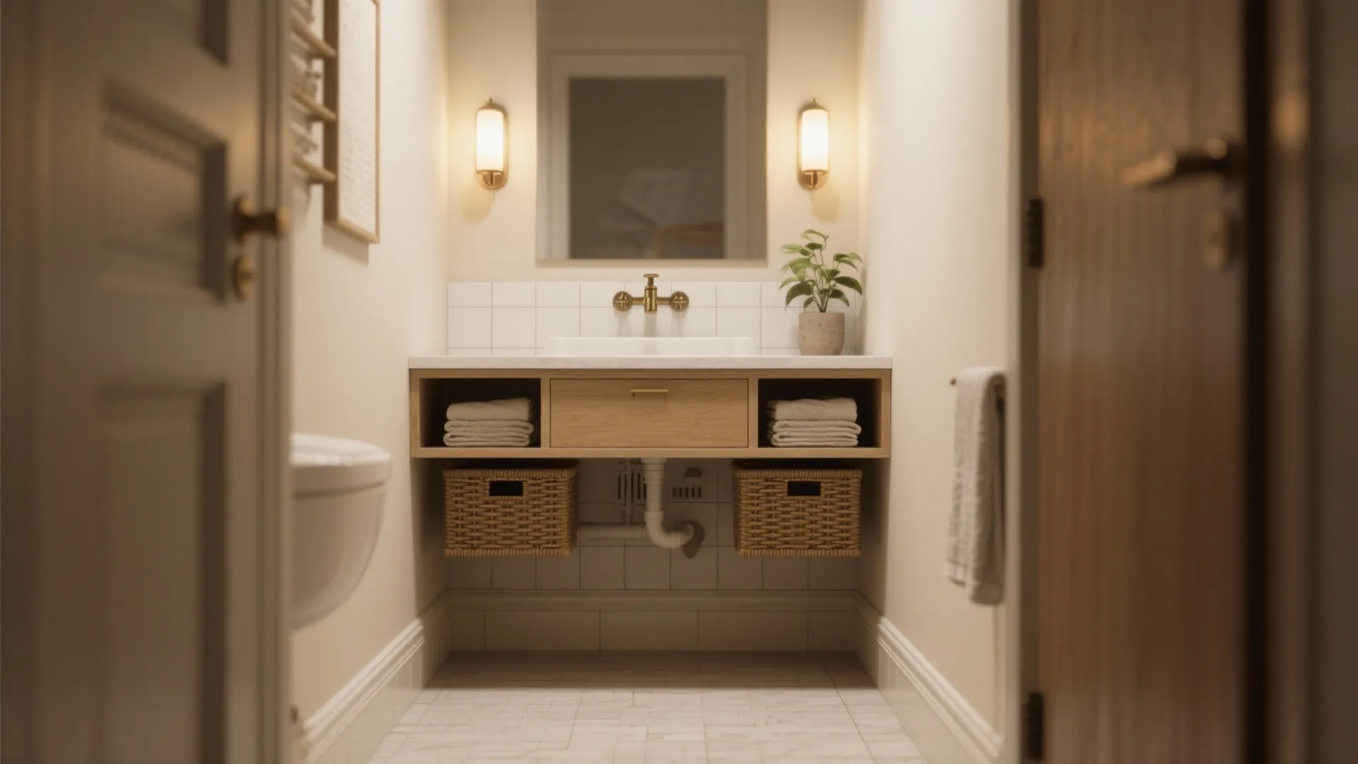 Modern bathroom wooden floating cabinet with white sink gold faucets wall lights and storage baskets