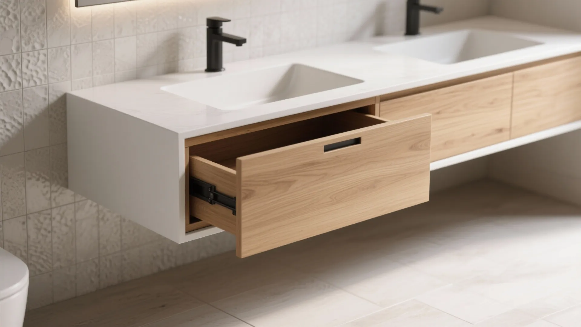 1. Floating white oak vanity with integrated storage