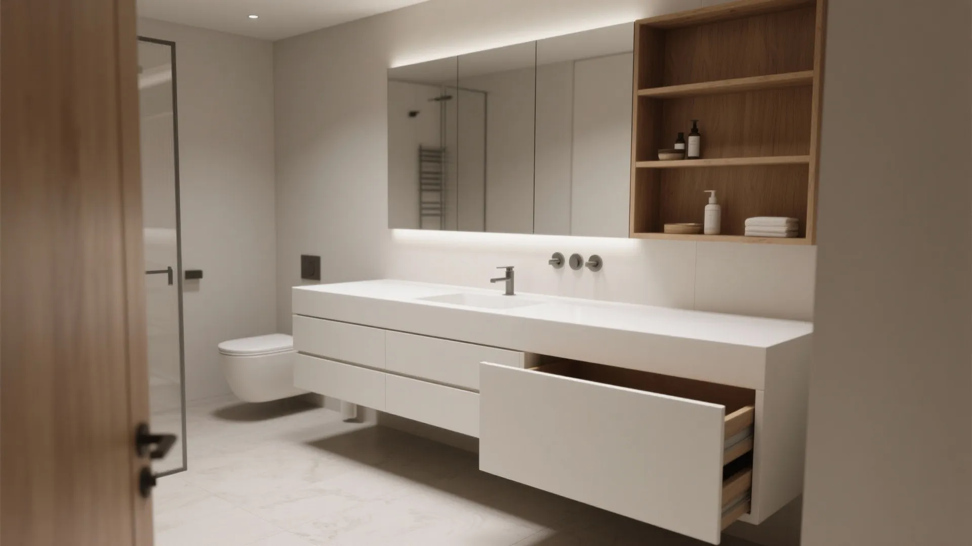 3. Minimalist White Floating Vanity with Hidden Storage