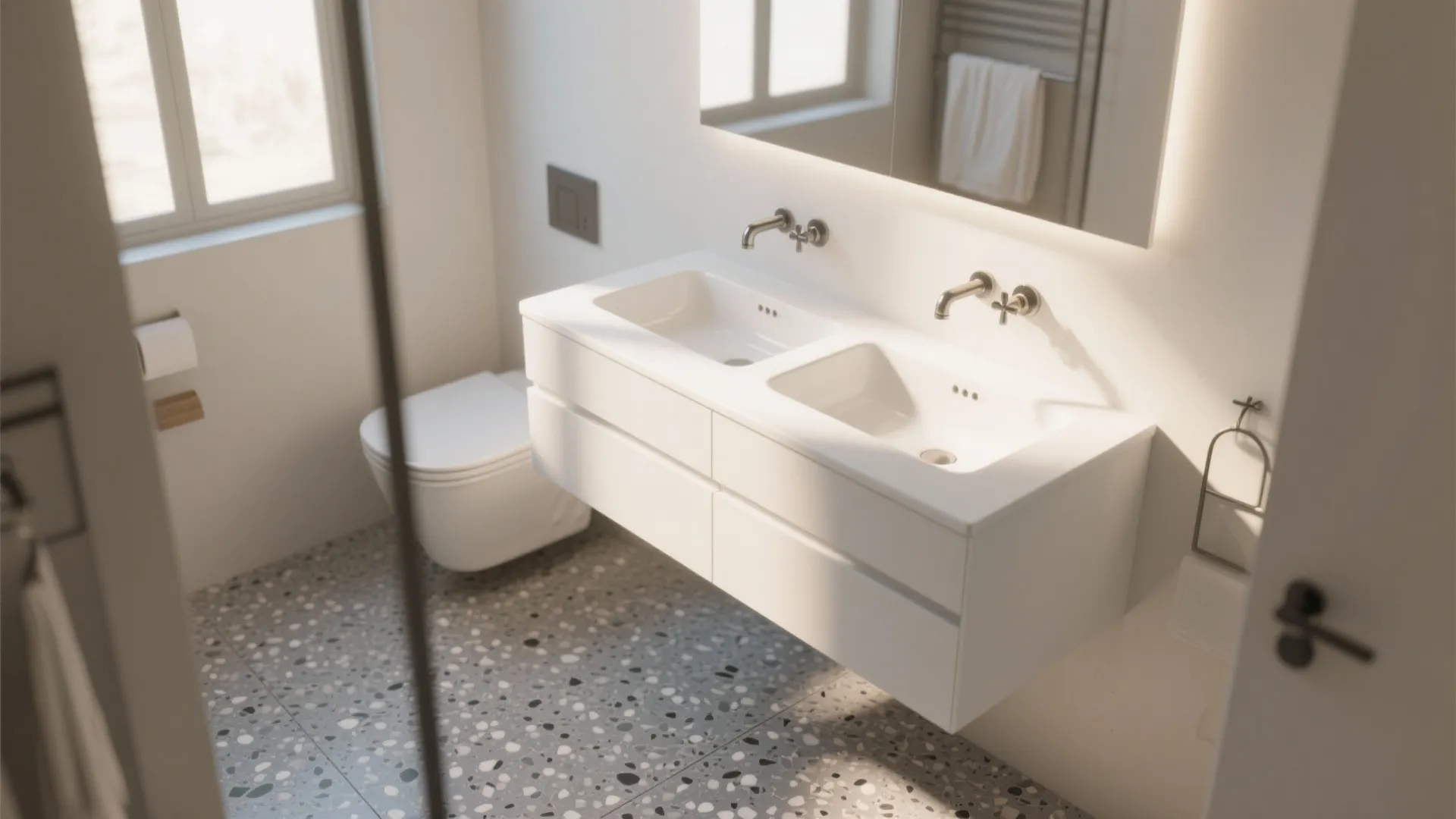 2. White floating vanity and grey terrazzo floor