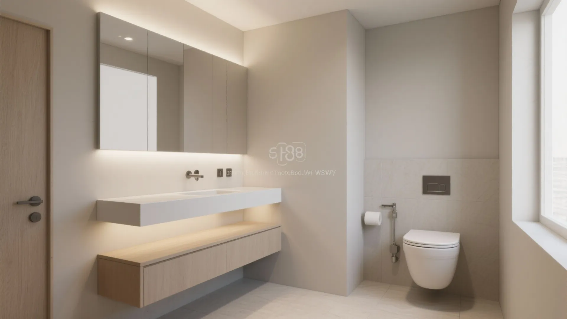 Minimalist bathroom interior featuring a floating wood cabinet under sink and white wall mounted toilet