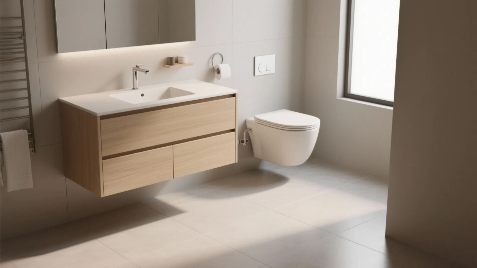 Floating vanity and wall-mounted toilet reveal continuous floor, making a narrow bathroom feel wider.