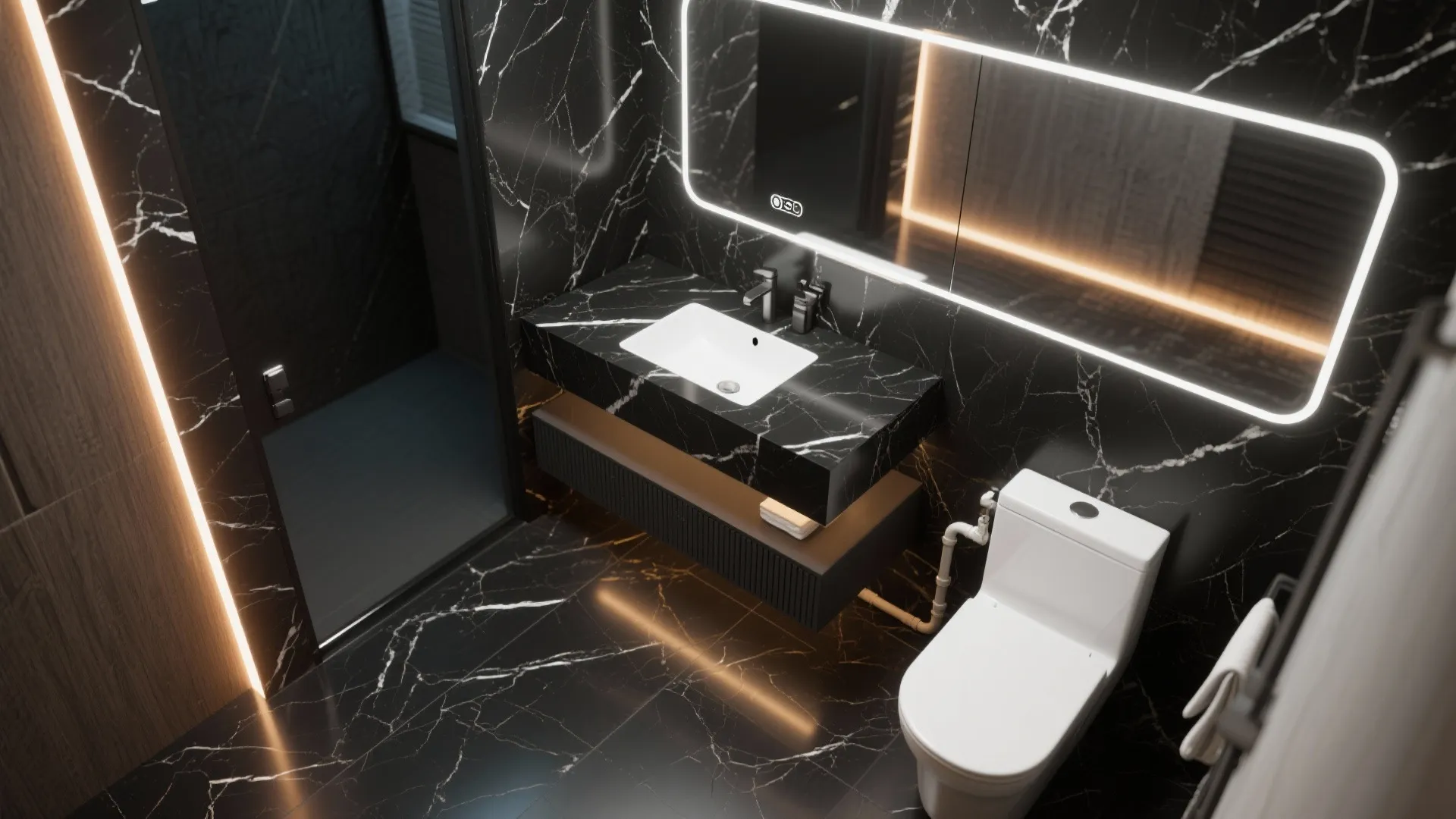 3. Floating vanity and mirror with integrated lighting