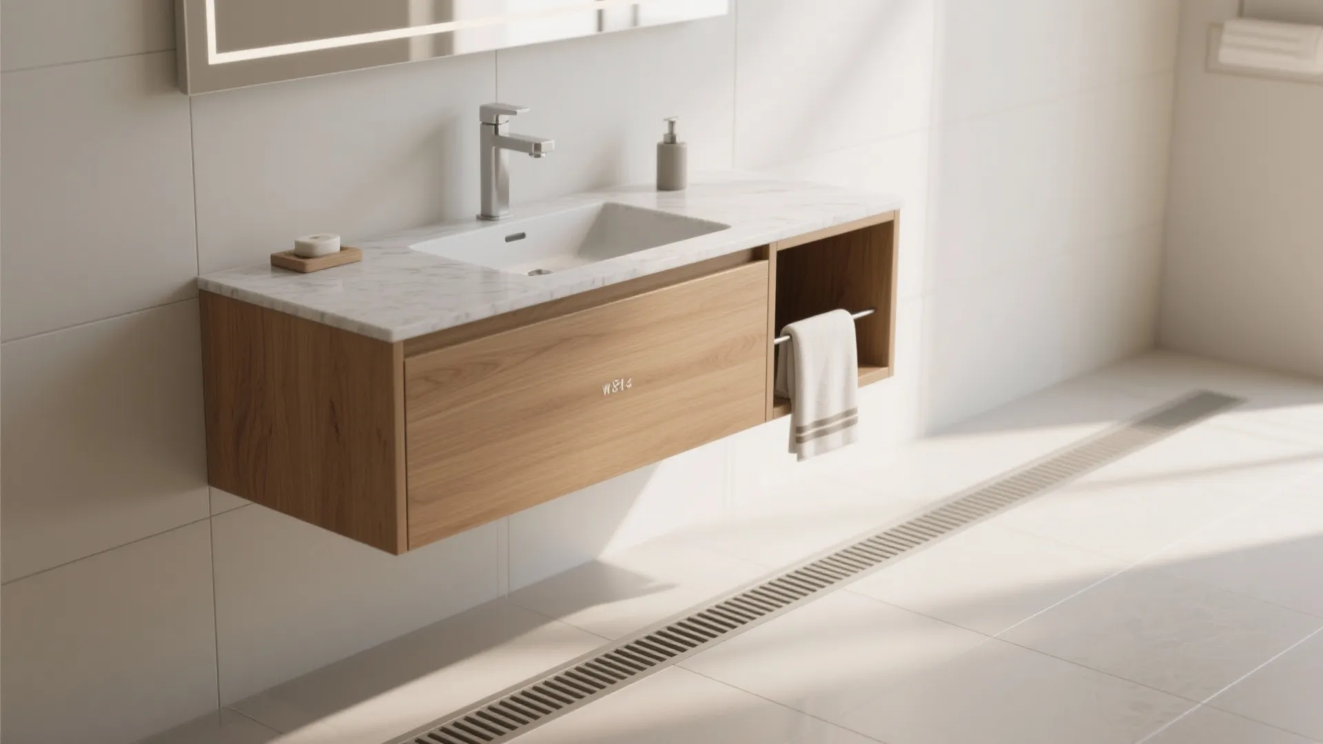Floating vanity with side towel slot and continuous floor tile beneath.