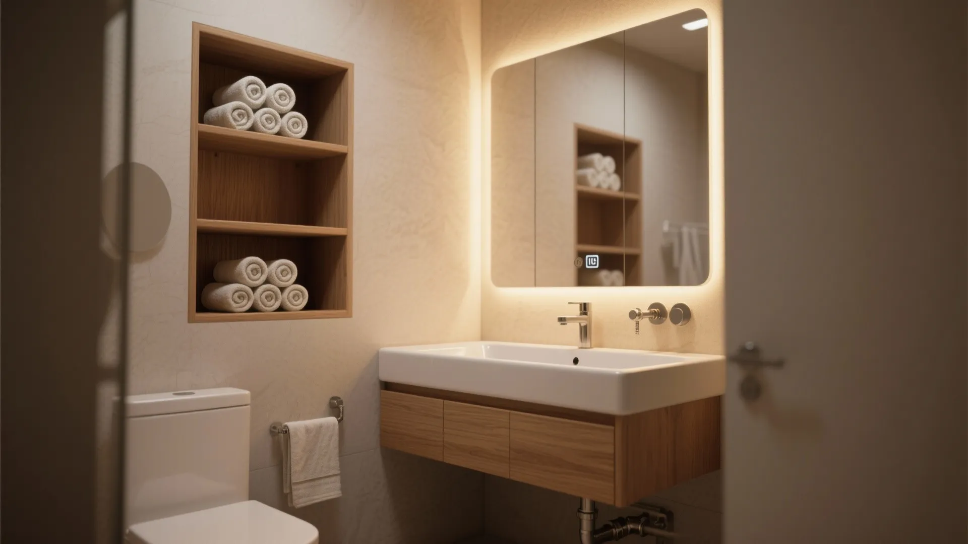 Floating vanity with recessed towel cubbies and wood-look porcelain finish in a spa bathroom.