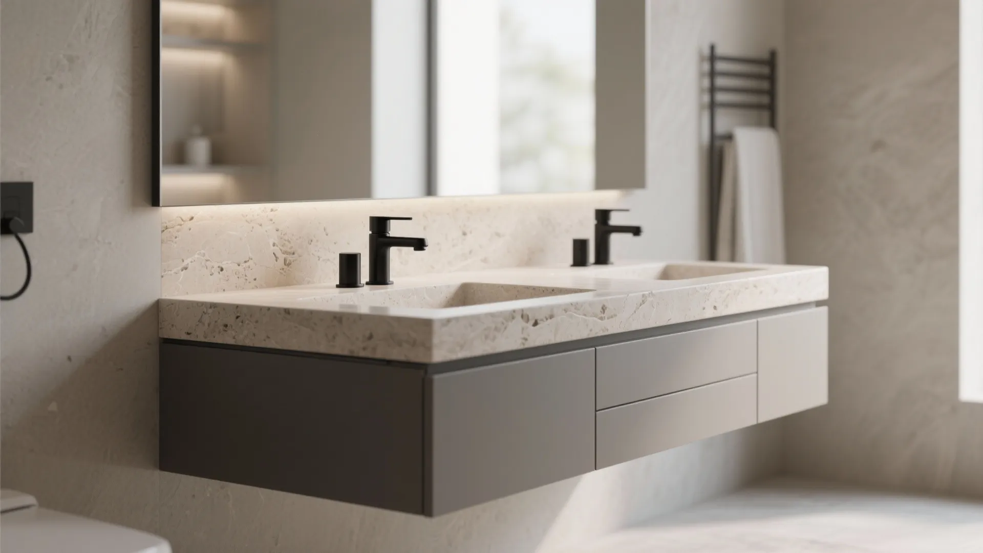 2. Floating Vanity with Travertine Countertop