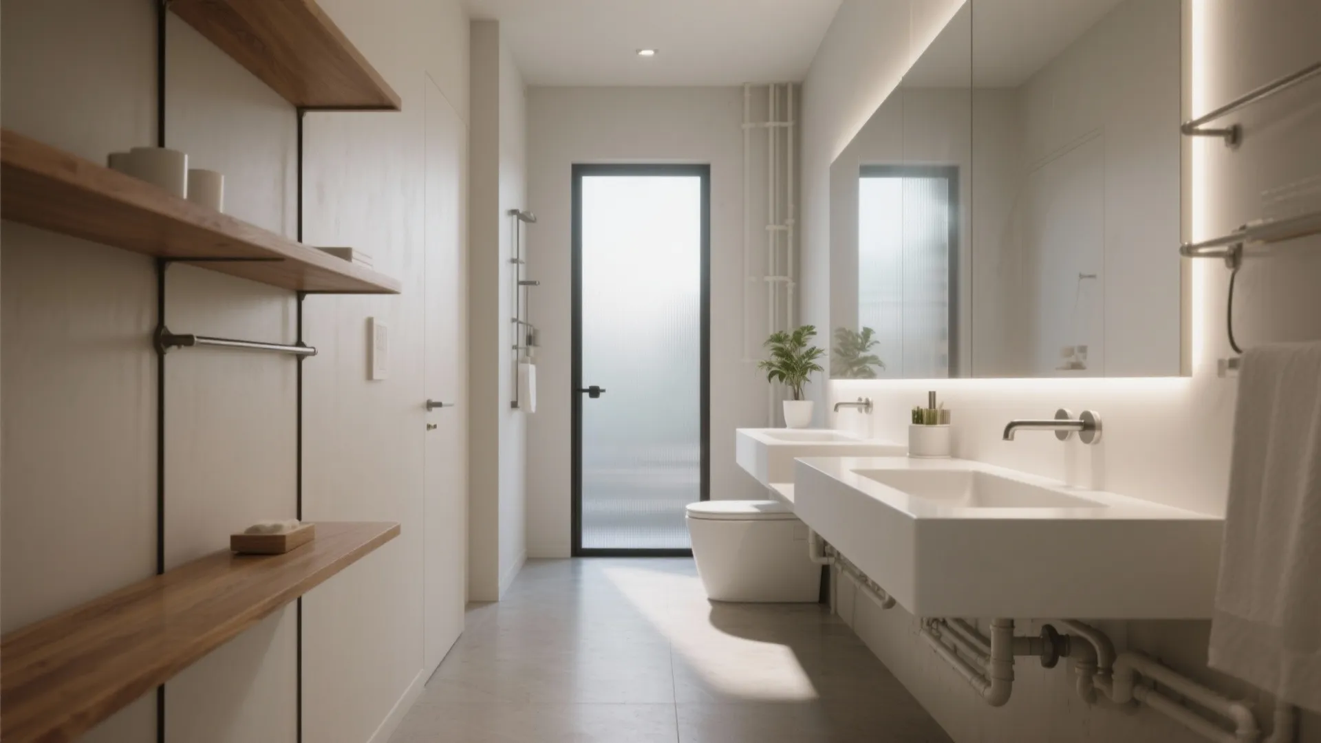 1. Floating white double vanity with underlighting