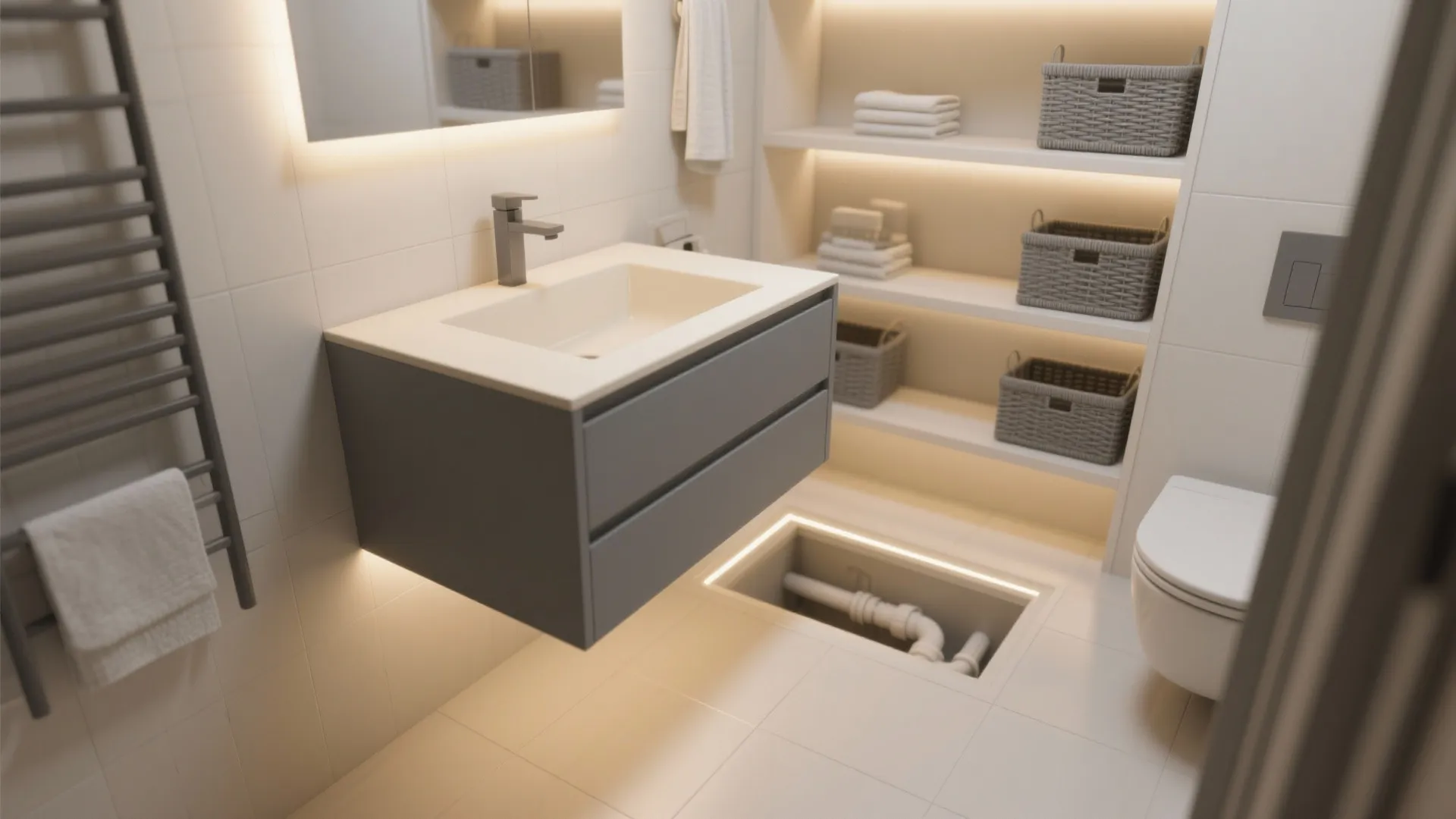 2. Floating Vanity + Underlighting for Visual Space