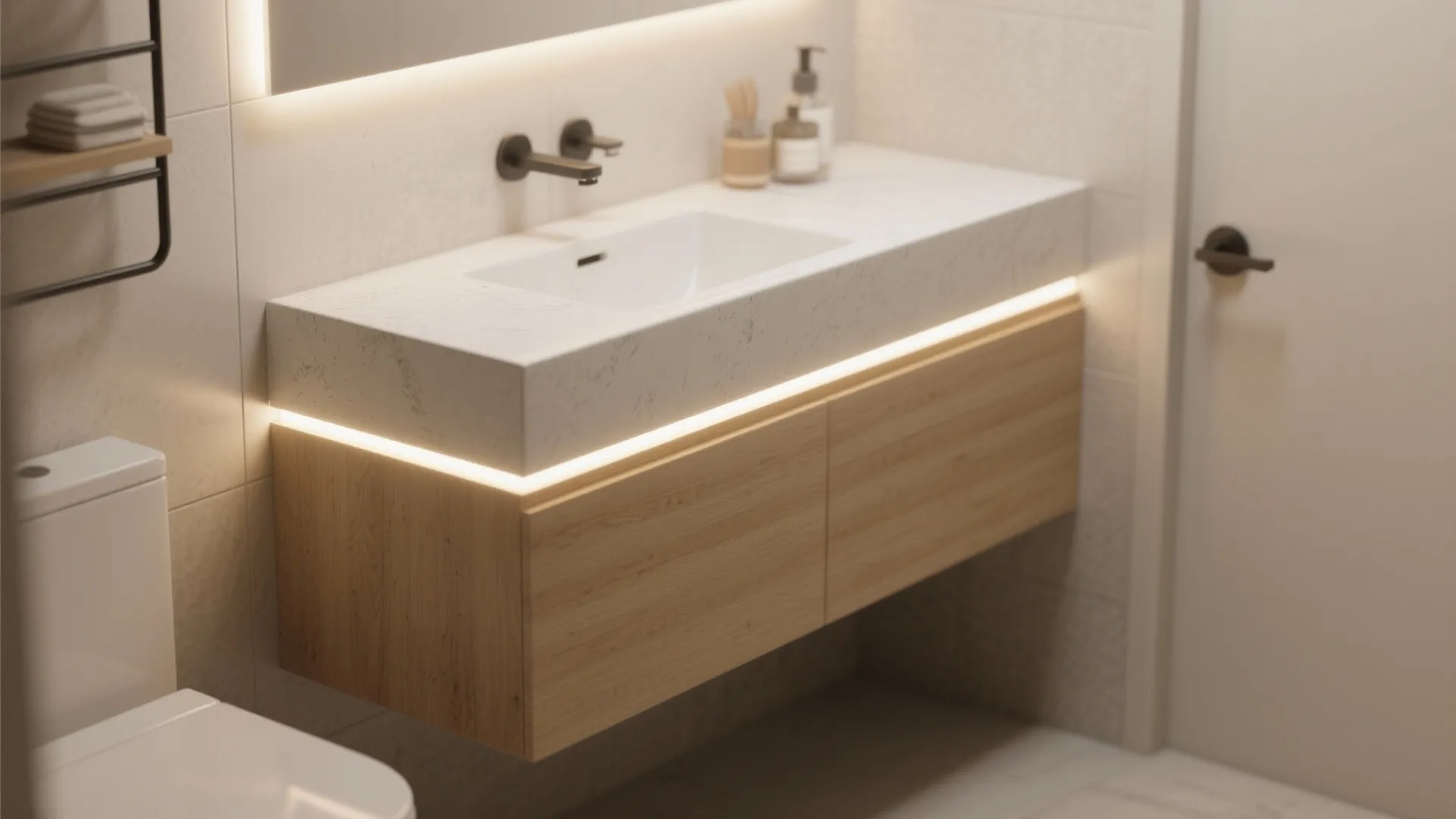 Modern bathroom with a wooden wall cabinet white stone sink and warm yellow light strip
