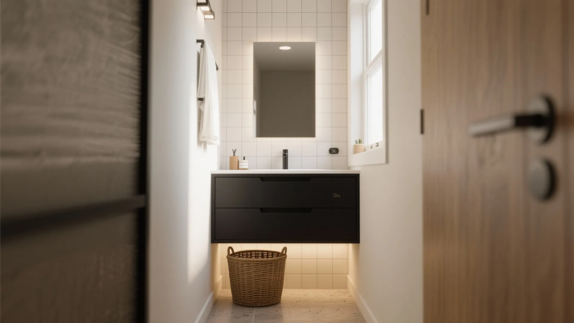 1. Matte black floating vanity for visual space